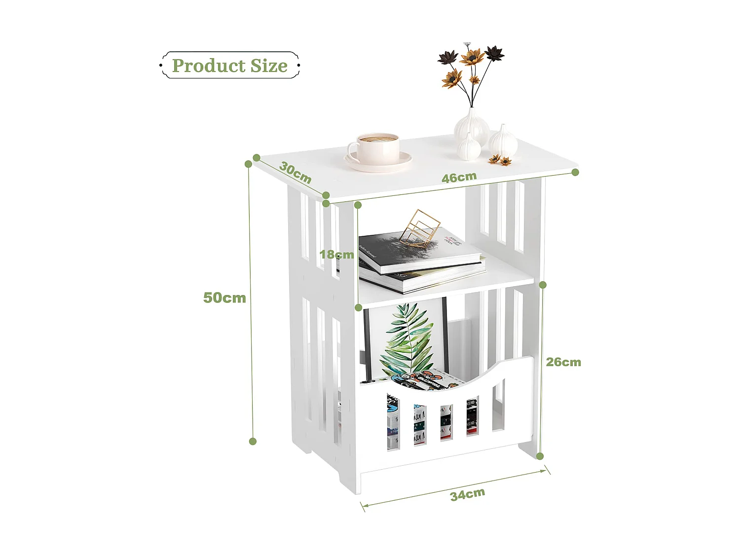 Table de chevet blanche 46x30x50 cm avec panier, idéale comme table de nuit, table à café ou bout de canapé pour salon, chambre, salle de bains ou balcon