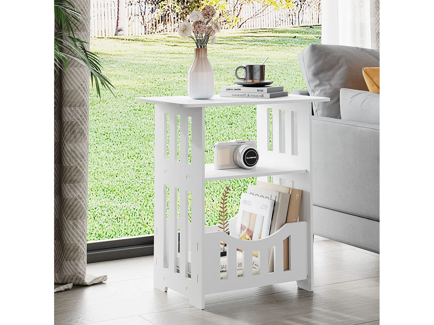 Table de chevet blanche 46x30x50 cm avec panier, idéale comme table de nuit, table à café ou bout de canapé pour salon, chambre, salle de bains ou balcon