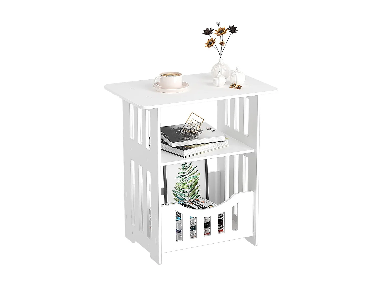 Table de chevet blanche 46x30x50 cm avec panier, idéale comme table de nuit, table à café ou bout de canapé pour salon, chambre, salle de bains ou balcon
