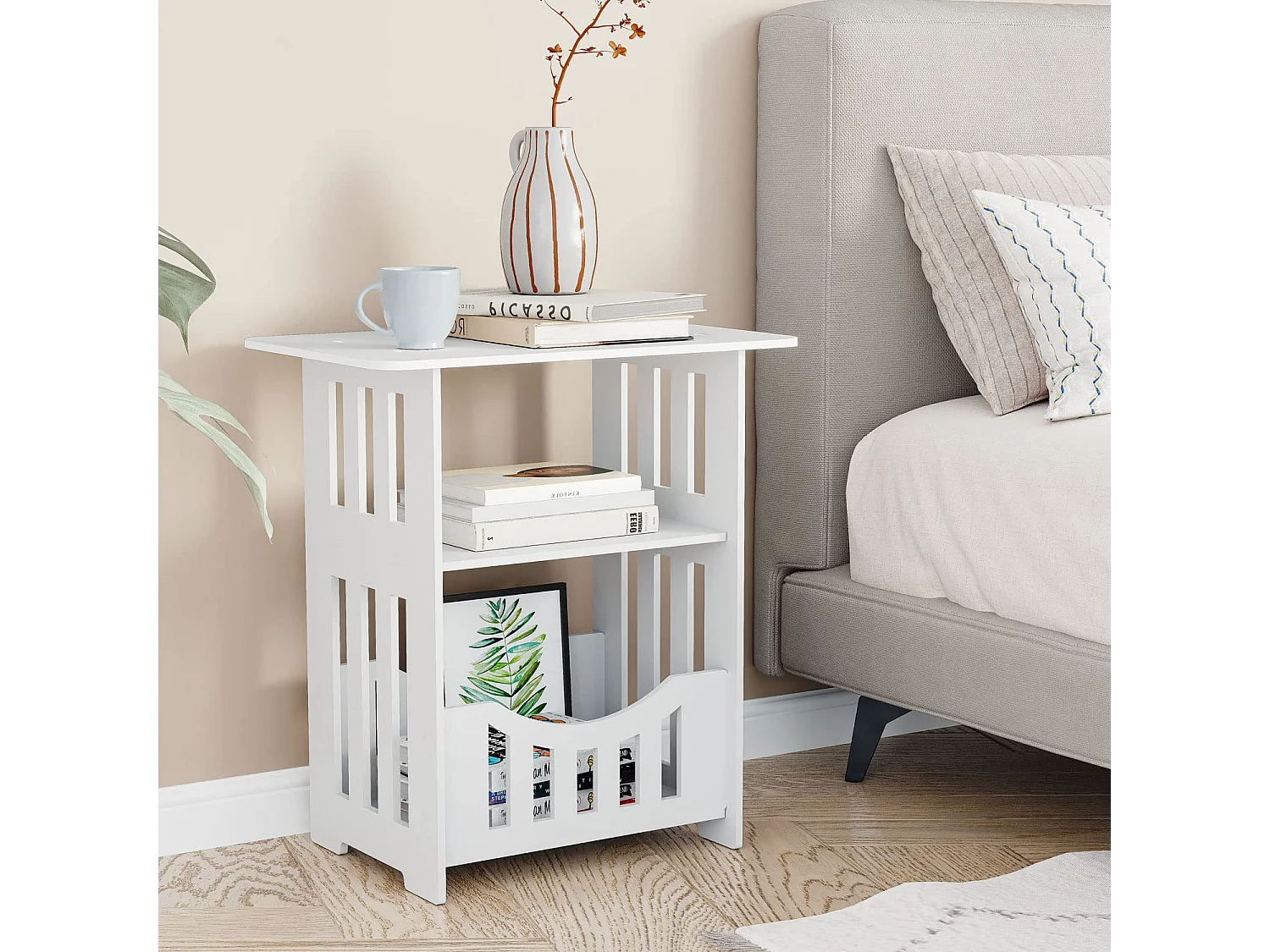 Table de chevet blanche 46x30x50 cm avec panier, idéale comme table de nuit, table à café ou bout de canapé pour salon, chambre, salle de bains ou balcon