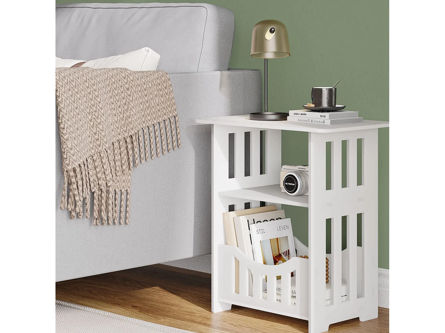 Table de chevet blanche 46x30x50 cm avec panier, idéale comme table de nuit, table à café ou bout de canapé pour salon, chambre, salle de bains ou balcon