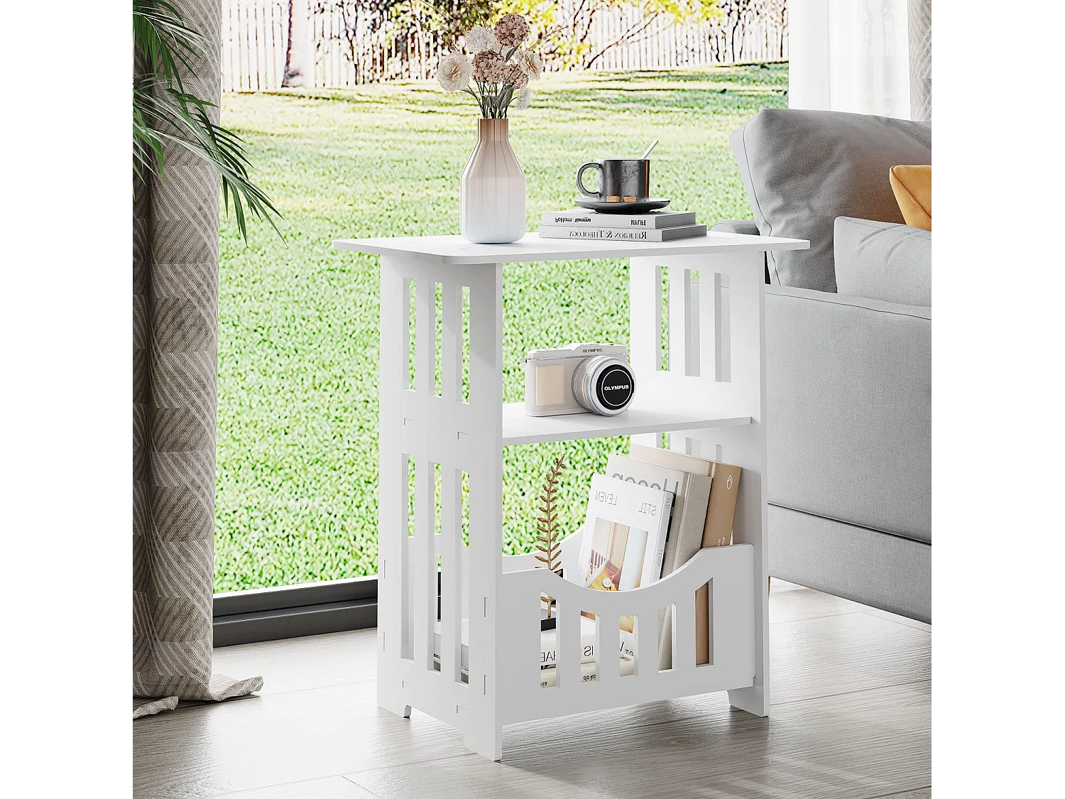 Table de chevet blanche 46x30x50 cm avec panier, idéale comme table de nuit, table à café ou bout de canapé pour salon, chambre, salle de bains ou balcon