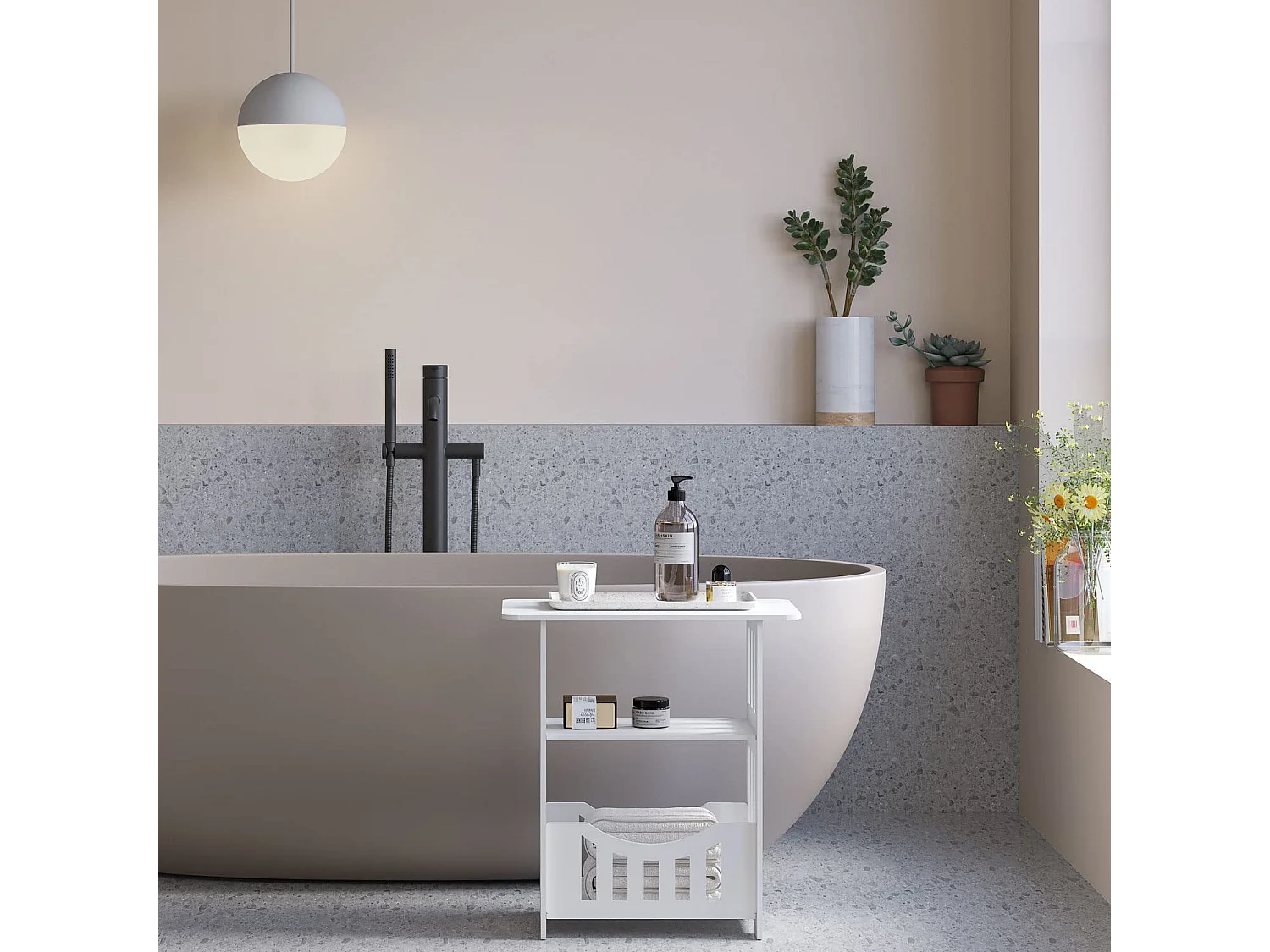 Table de chevet blanche 46x30x50 cm avec panier, idéale comme table de nuit, table à café ou bout de canapé pour salon, chambre, salle de bains ou balcon