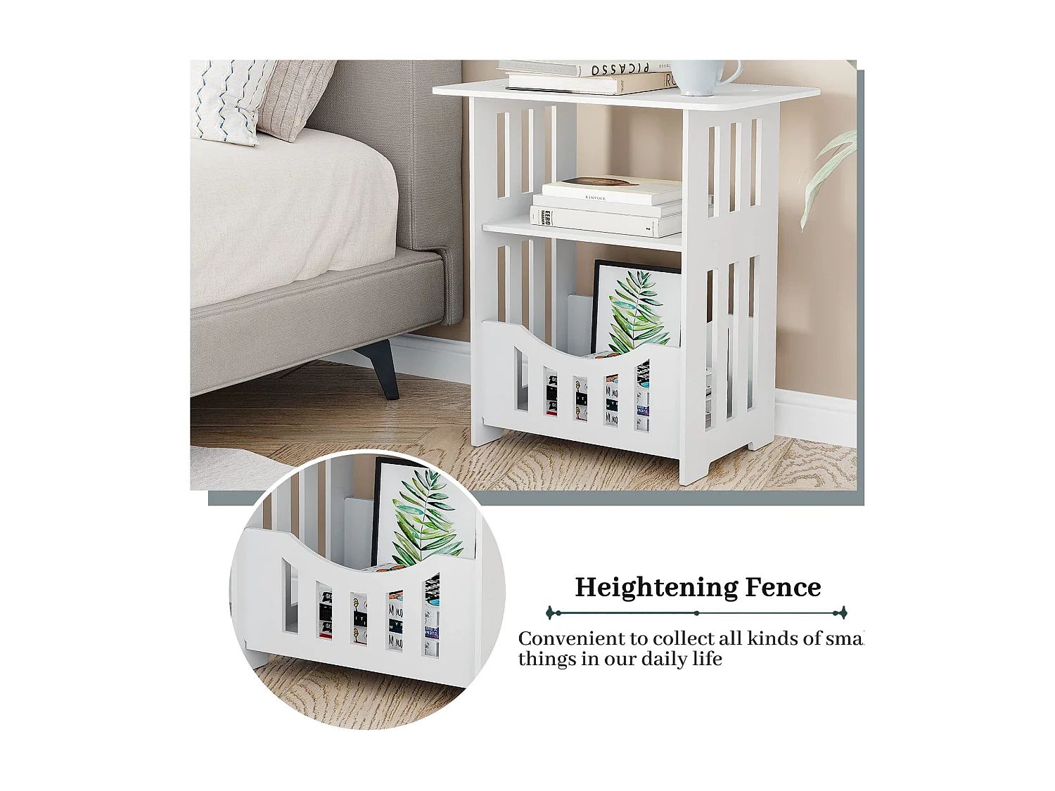 Table de chevet blanche 46x30x50 cm avec panier, idéale comme table de nuit, table à café ou bout de canapé pour salon, chambre, salle de bains ou balcon