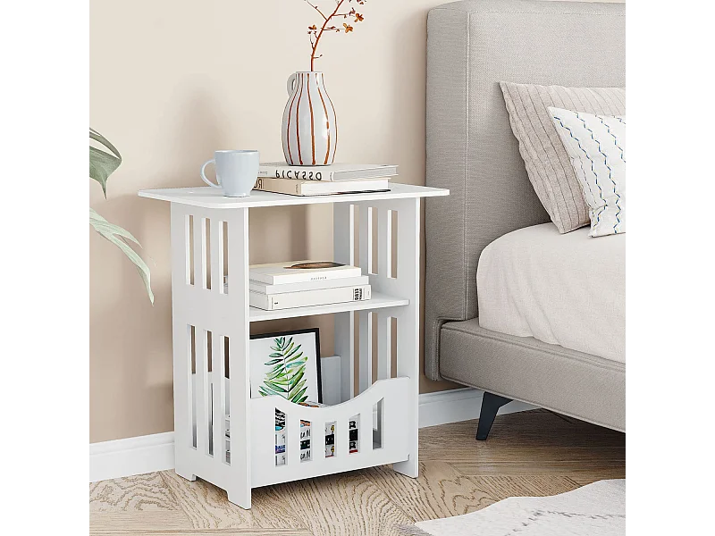 Table de chevet blanche 46x30x50 cm avec panier, idéale comme table de nuit, table à café ou bout de canapé pour salon, chambre, salle de bains ou balcon