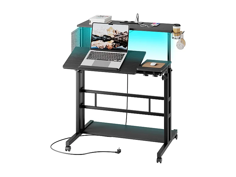 Bureau Debout Réglable en Hauteur Avec Prises et Roulettes - Assis-Debout, Plateau Inclinable 80 x 60 cm - Station de Travail Pour Ordinateur Portable
