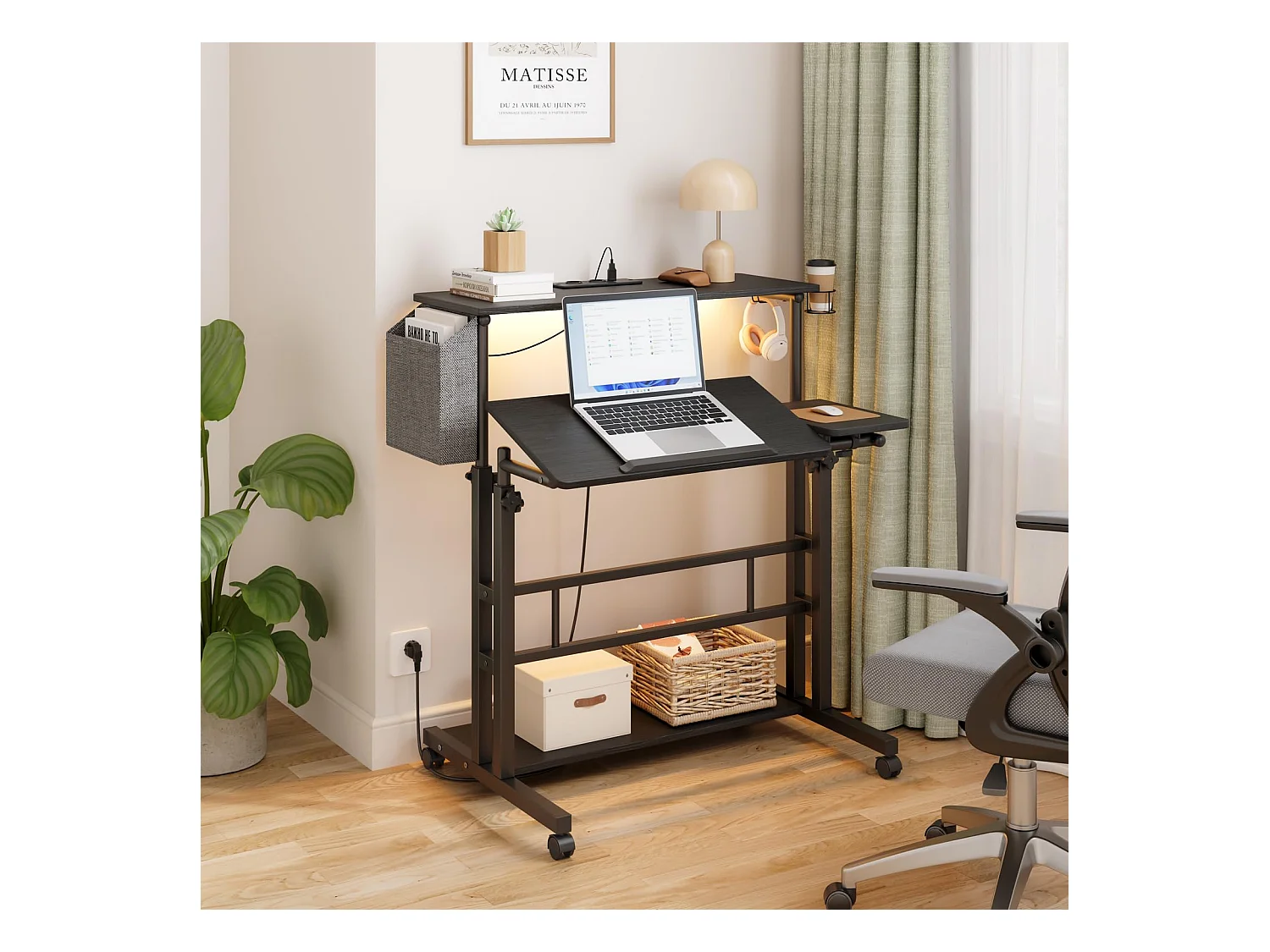 In hoogte verstelbaar sta-bureau met stopcontacten en wielen - Zit-sta, kantelbaar tafelblad 80 x 60 cm - Laptopwerkstation