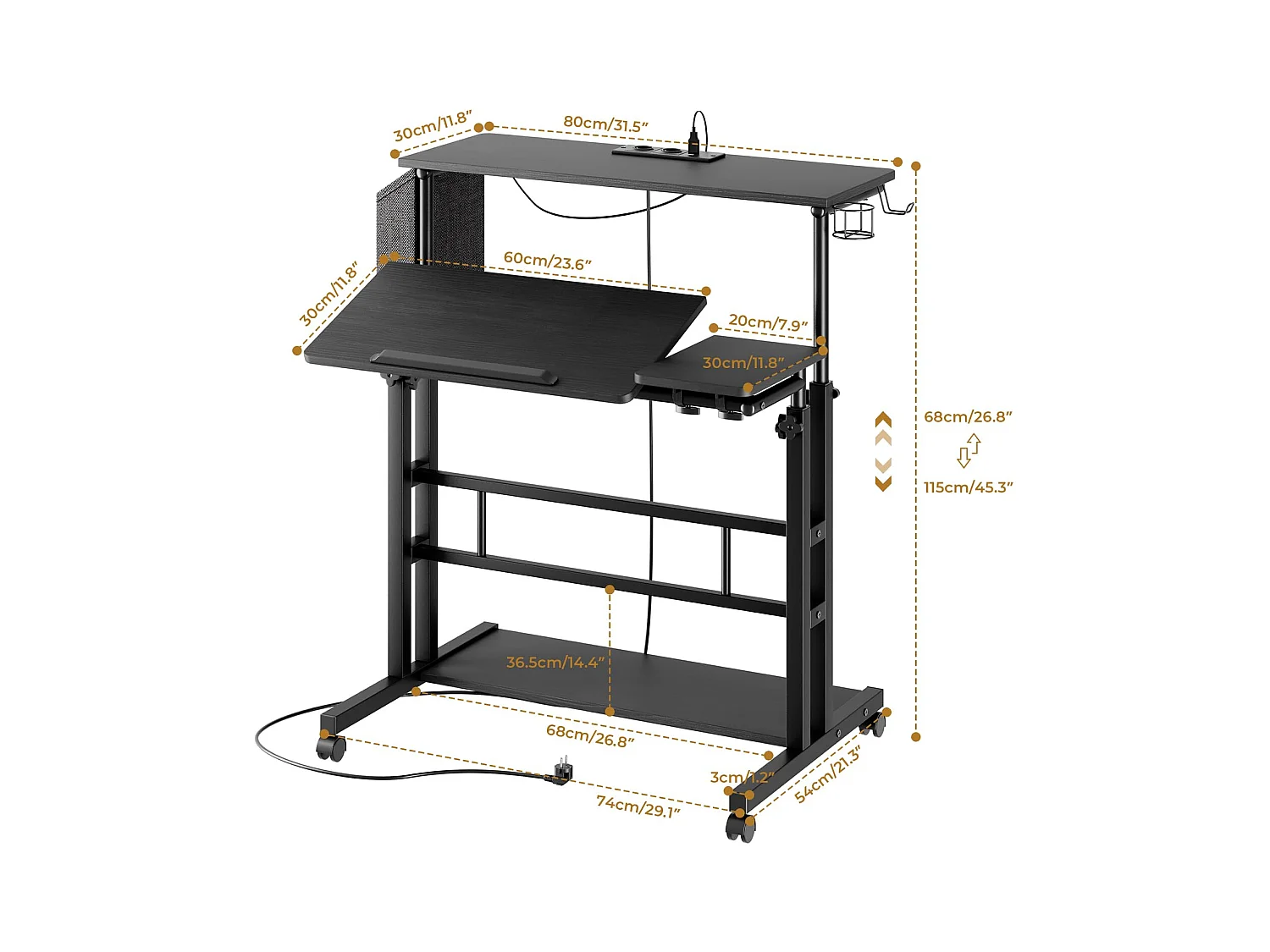 In hoogte verstelbaar sta-bureau met stopcontacten en wielen - Zit-sta, kantelbaar tafelblad 80 x 60 cm - Laptopwerkstation