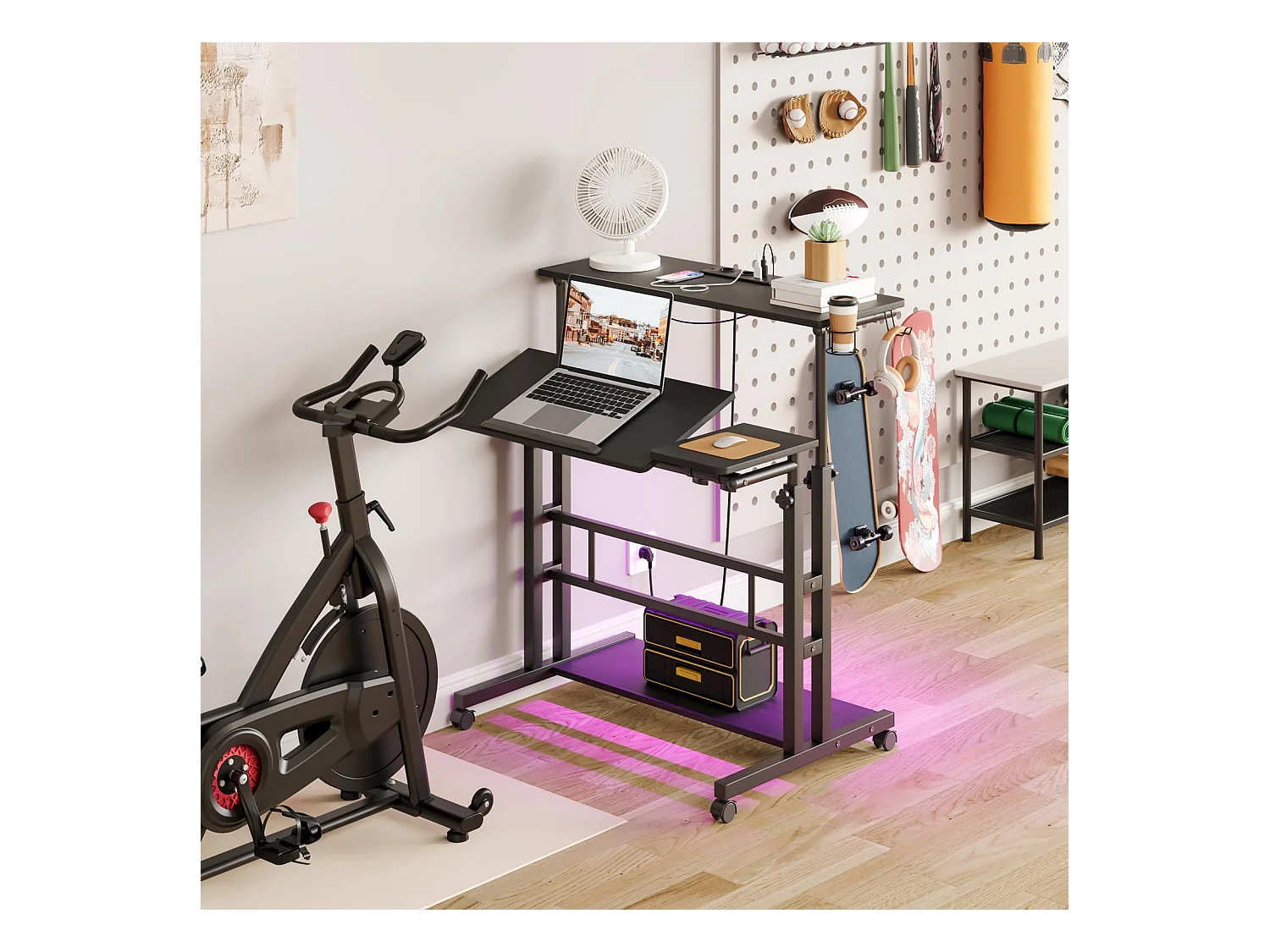 In hoogte verstelbaar sta-bureau met stopcontacten en wielen - Zit-sta, kantelbaar tafelblad 80 x 60 cm - Laptopwerkstation