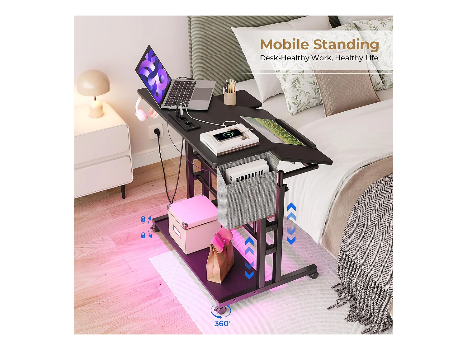 In hoogte verstelbaar sta-bureau met stopcontacten en wielen - Zit-sta, kantelbaar tafelblad 80 x 60 cm - Laptopwerkstation