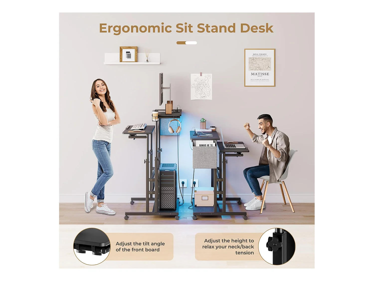 In hoogte verstelbaar sta-bureau met stopcontacten en wielen - Zit-sta, kantelbaar tafelblad 80 x 60 cm - Laptopwerkstation