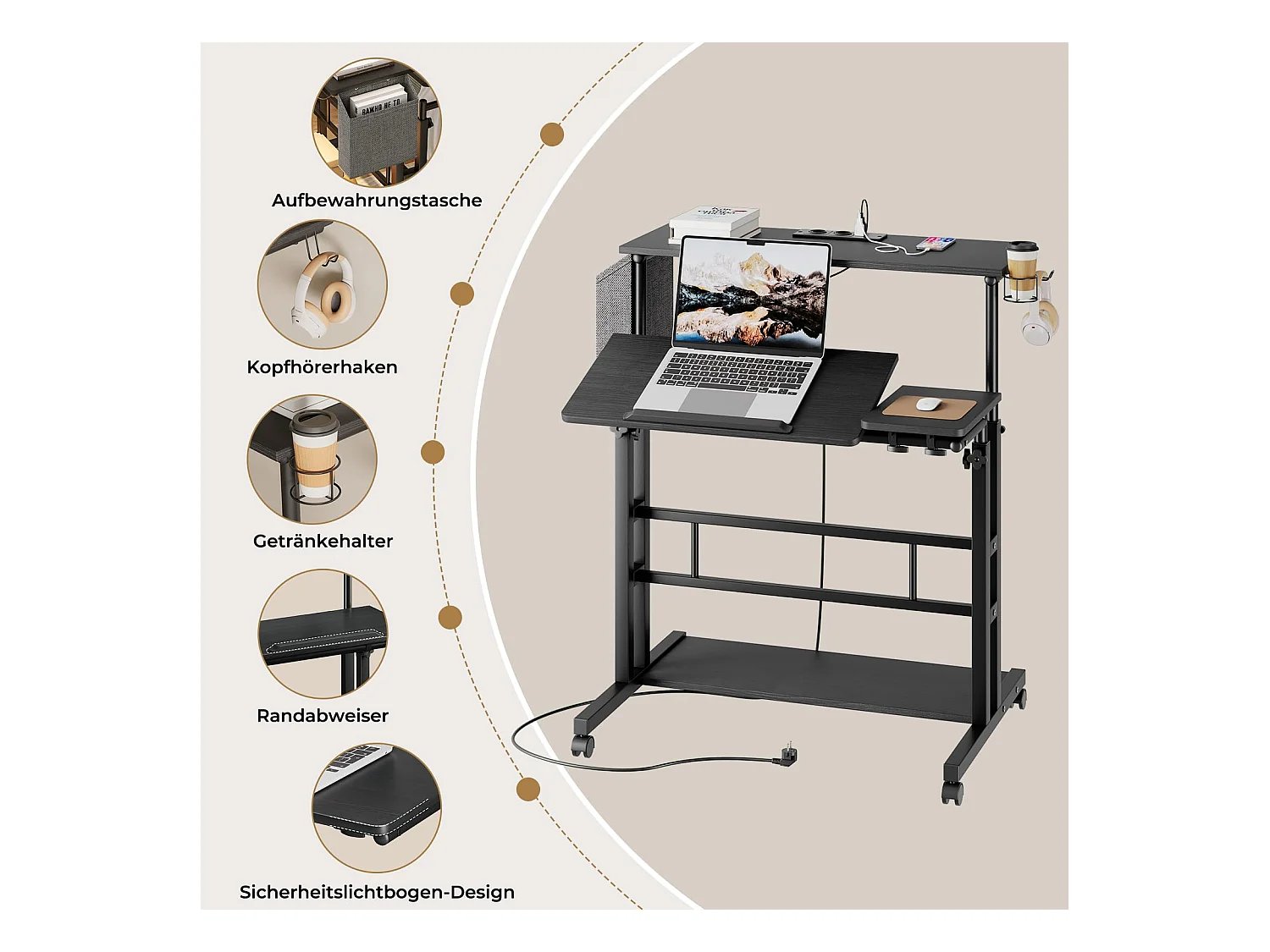 In hoogte verstelbaar sta-bureau met stopcontacten en wielen - Zit-sta, kantelbaar tafelblad 80 x 60 cm - Laptopwerkstation
