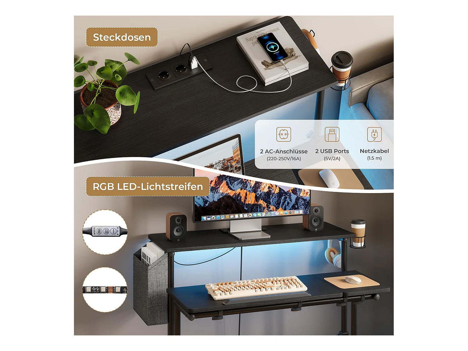 In hoogte verstelbaar sta-bureau met stopcontacten en wielen - Zit-sta, kantelbaar tafelblad 80 x 60 cm - Laptopwerkstation