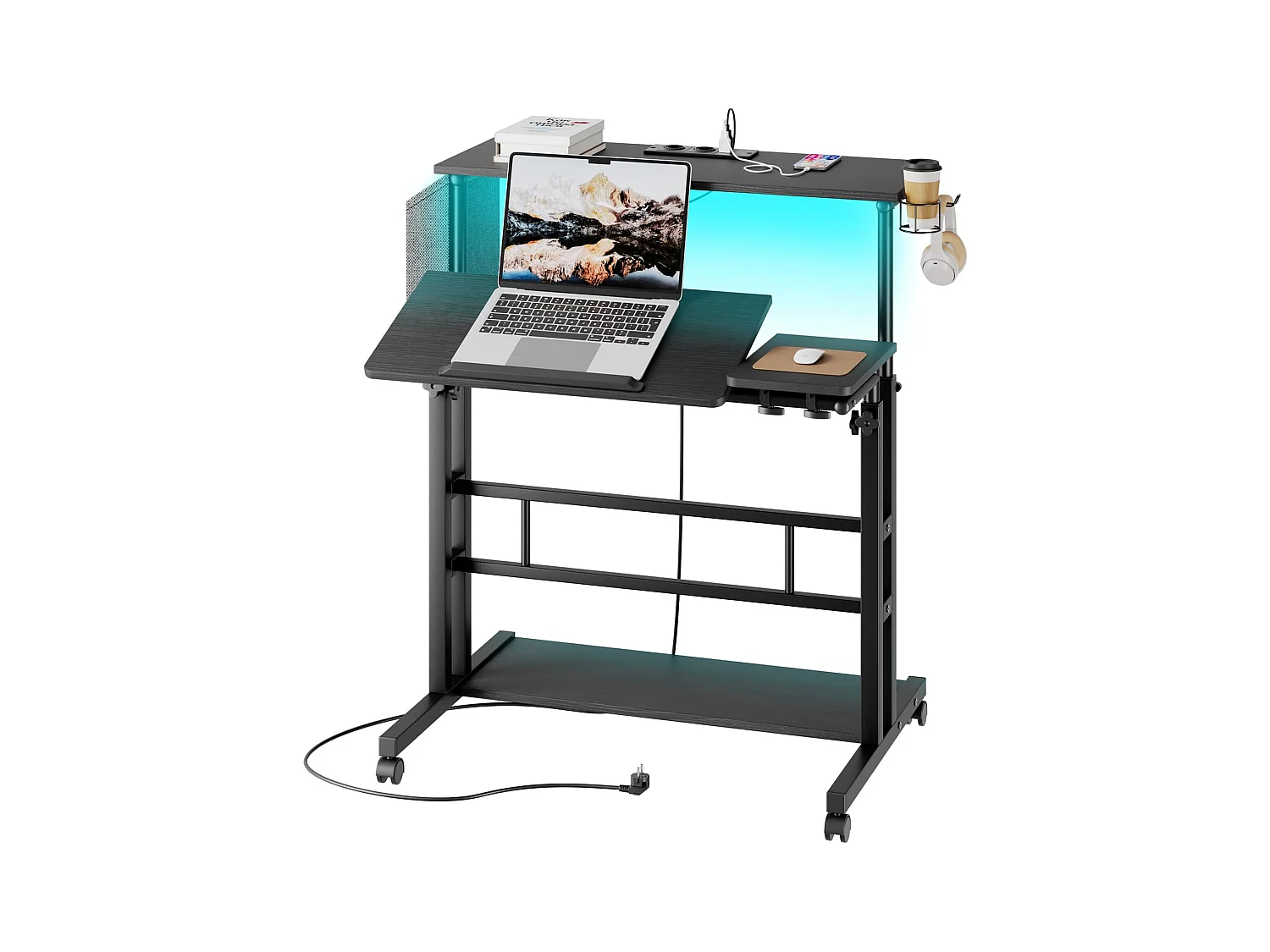 Bureau Debout Réglable en Hauteur Avec Prises et Roulettes - Assis-Debout, Plateau Inclinable 80 x 60 cm - Station de Travail Pour Ordinateur Portable