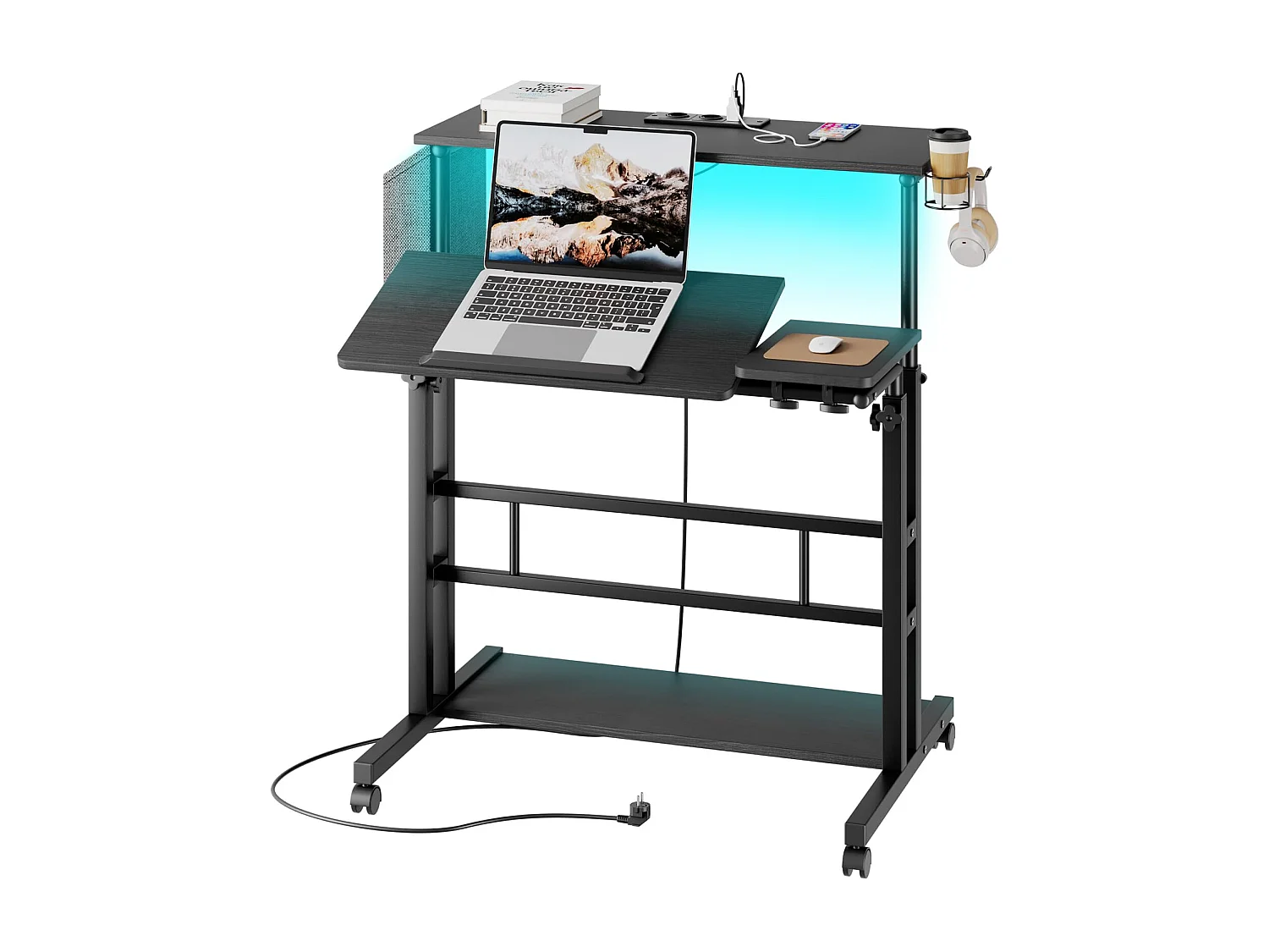 Bureau Debout Réglable en Hauteur Avec Prises et Roulettes - Assis-Debout, Plateau Inclinable 80 x 60 cm - Station de Travail Pour Ordinateur Portable