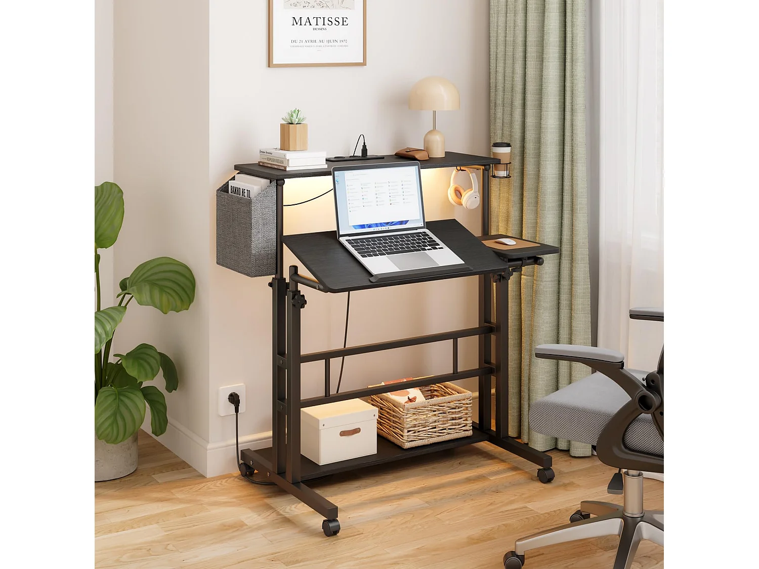 Bureau Debout Réglable en Hauteur Avec Prises et Roulettes - Assis-Debout, Plateau Inclinable 80 x 60 cm - Station de Travail Pour Ordinateur Portable