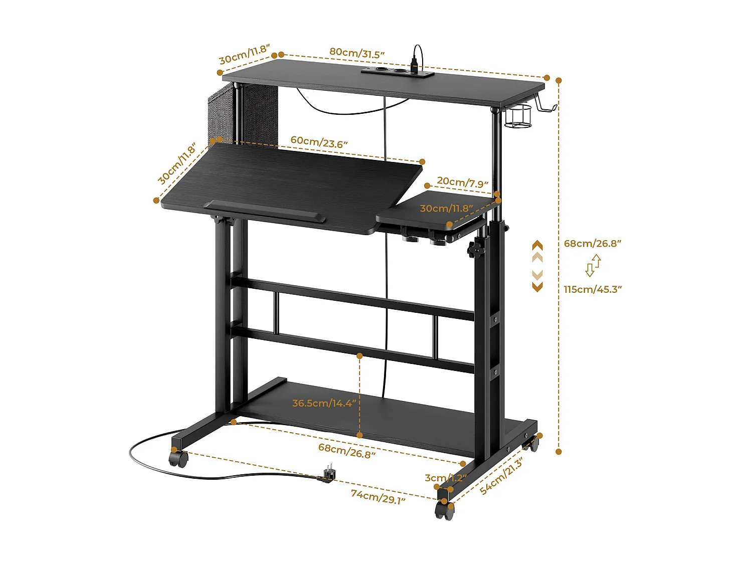 Bureau Debout Réglable en Hauteur Avec Prises et Roulettes - Assis-Debout, Plateau Inclinable 80 x 60 cm - Station de Travail Pour Ordinateur Portable