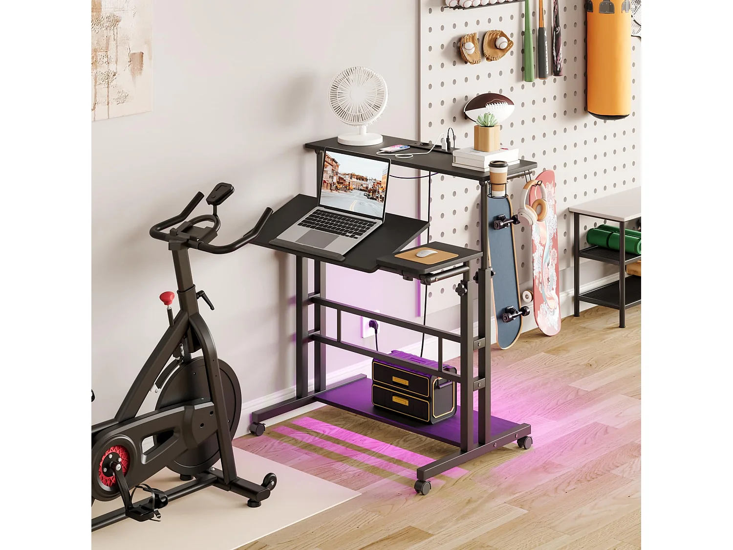 Bureau Debout Réglable en Hauteur Avec Prises et Roulettes - Assis-Debout, Plateau Inclinable 80 x 60 cm - Station de Travail Pour Ordinateur Portable