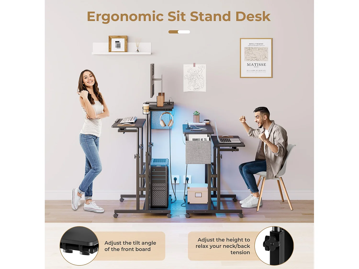 Bureau Debout Réglable en Hauteur Avec Prises et Roulettes - Assis-Debout, Plateau Inclinable 80 x 60 cm - Station de Travail Pour Ordinateur Portable