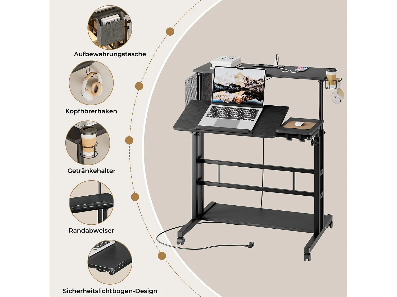 Bureau Debout Réglable en Hauteur Avec Prises et Roulettes - Assis-Debout, Plateau Inclinable 80 x 60 cm - Station de Travail Pour Ordinateur Portable