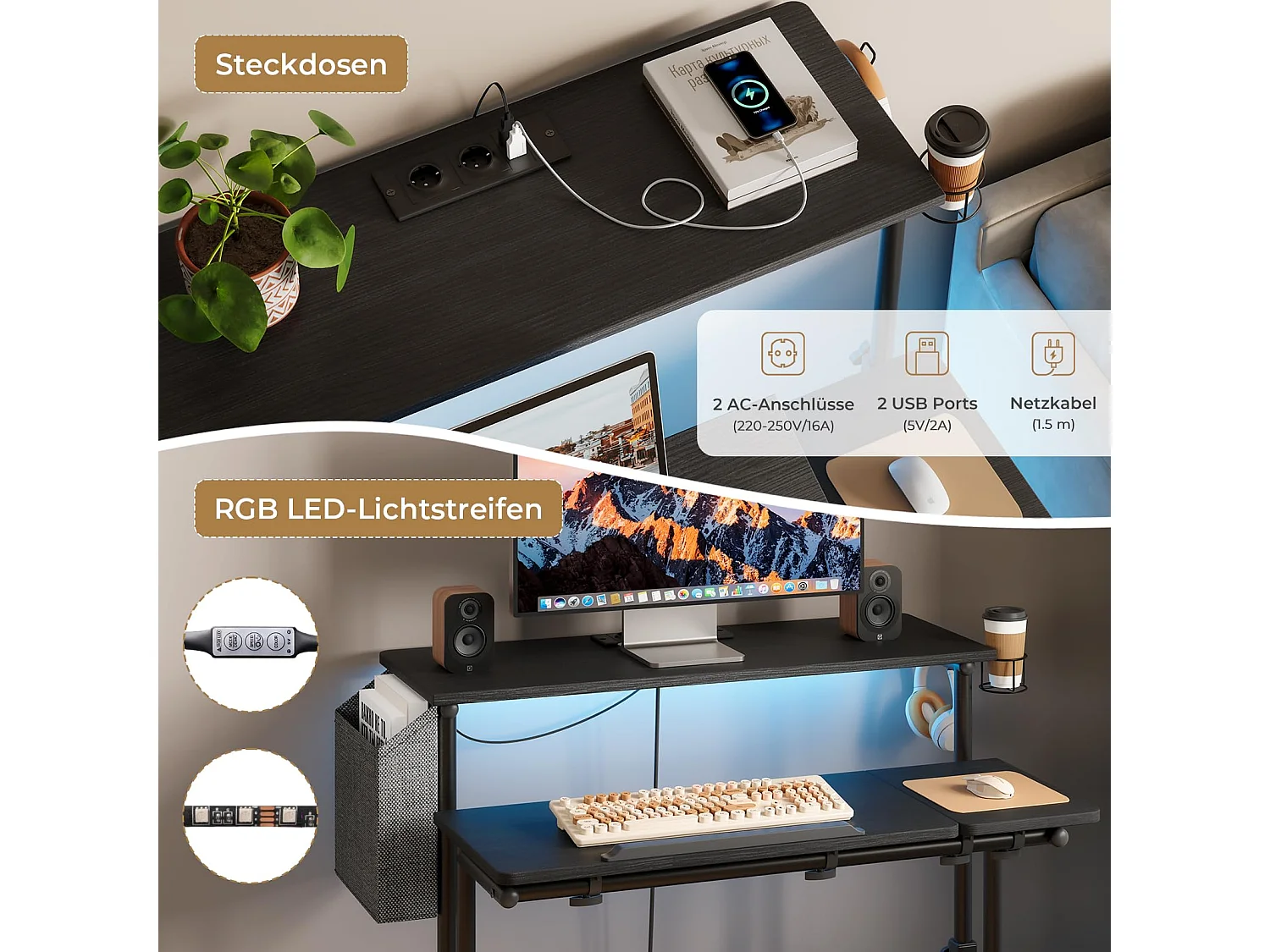 Bureau Debout Réglable en Hauteur Avec Prises et Roulettes - Assis-Debout, Plateau Inclinable 80 x 60 cm - Station de Travail Pour Ordinateur Portable