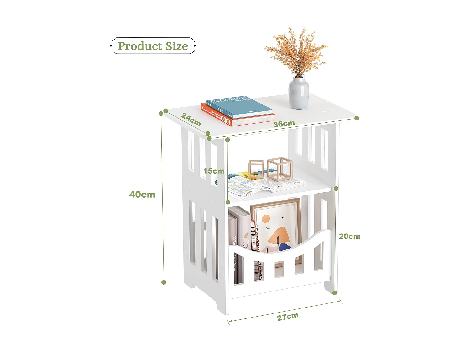 Comodino bianco 36x24x40 cm con cestino, ideale come comodino, tavolino da caffè o tavolino da divano per soggiorno, camera da letto, bagno o balcone