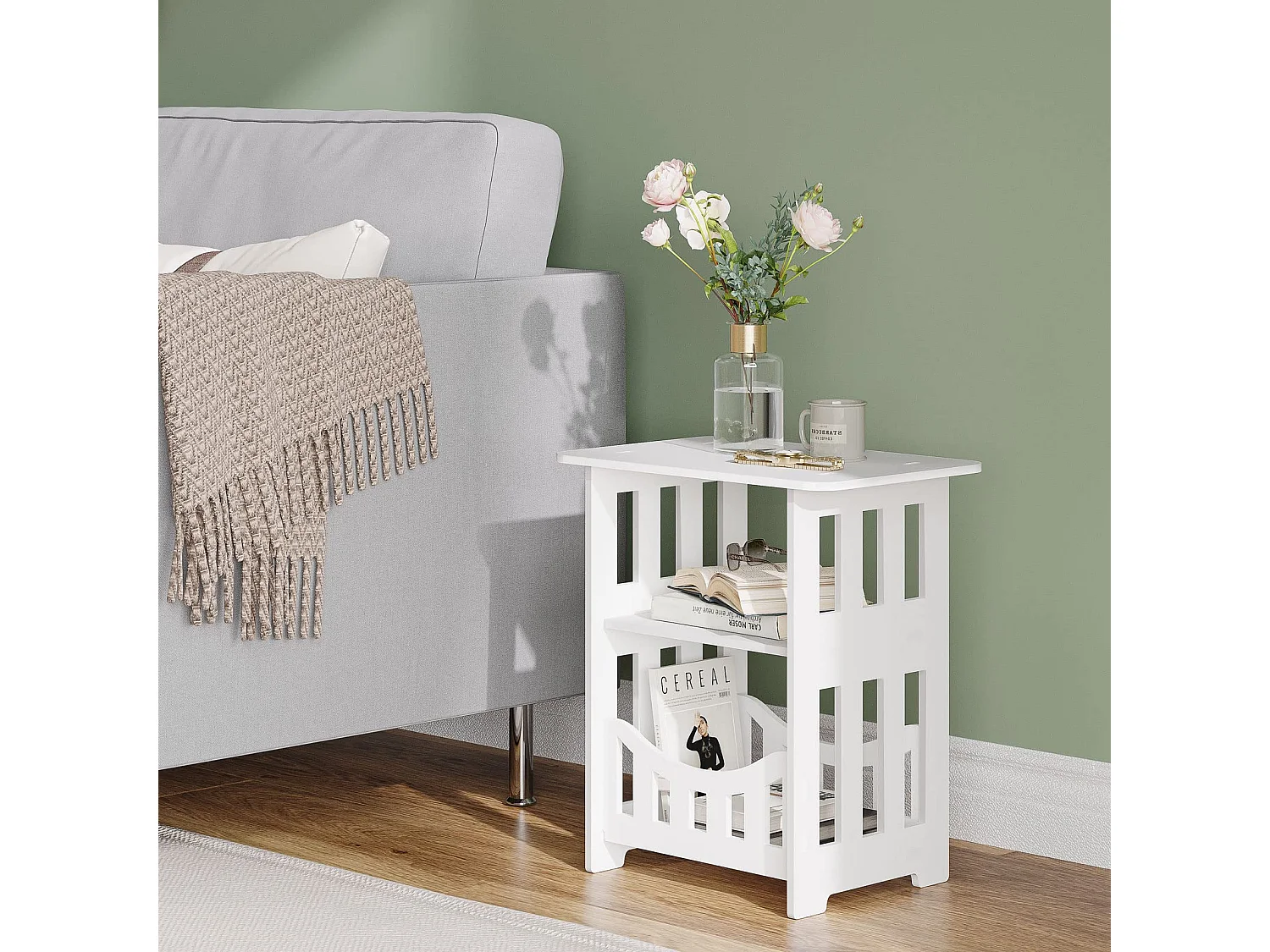 Comodino bianco 36x24x40 cm con cestino, ideale come comodino, tavolino da caffè o tavolino da divano per soggiorno, camera da letto, bagno o balcone