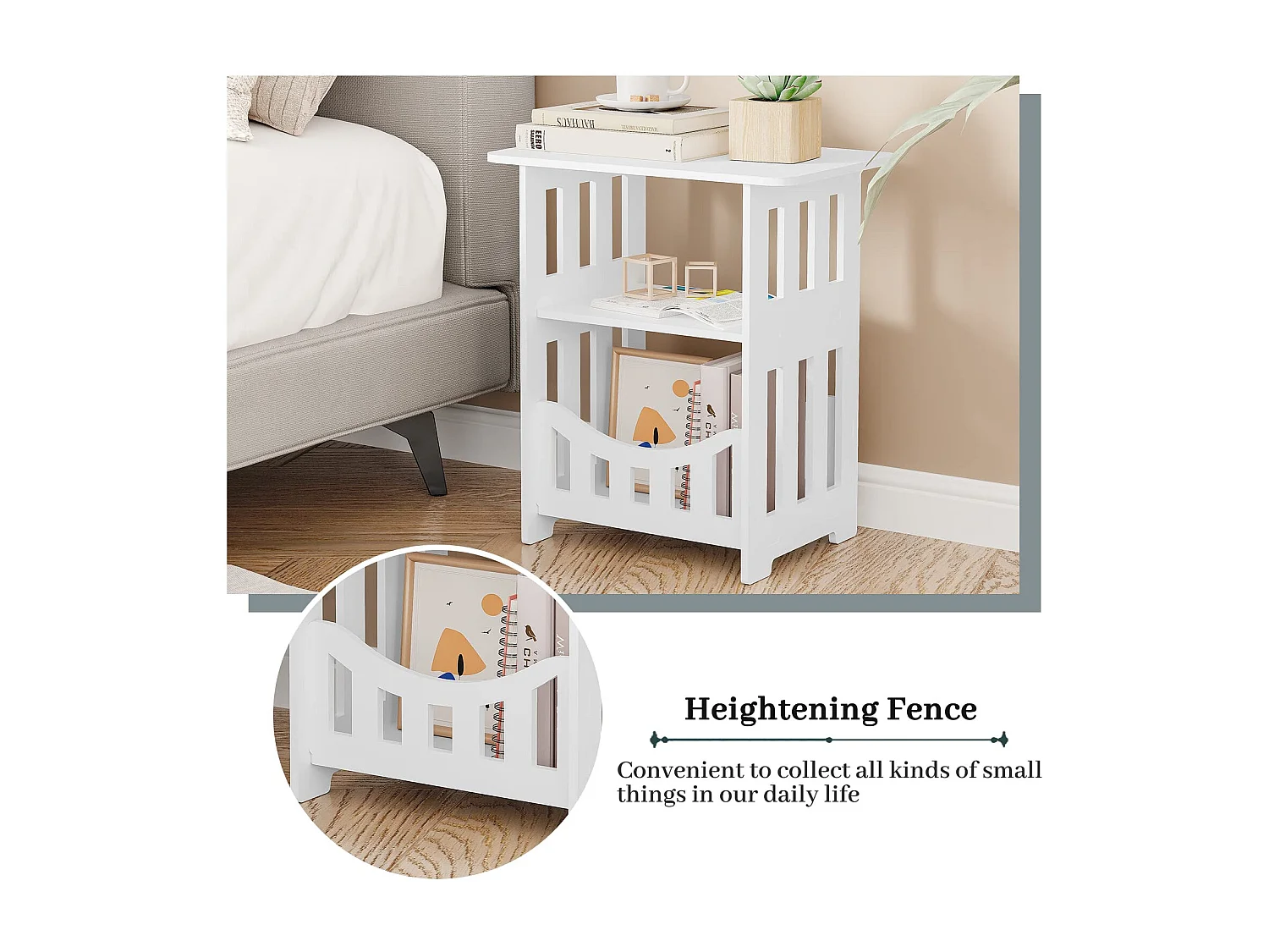 Comodino bianco 36x24x40 cm con cestino, ideale come comodino, tavolino da caffè o tavolino da divano per soggiorno, camera da letto, bagno o balcone