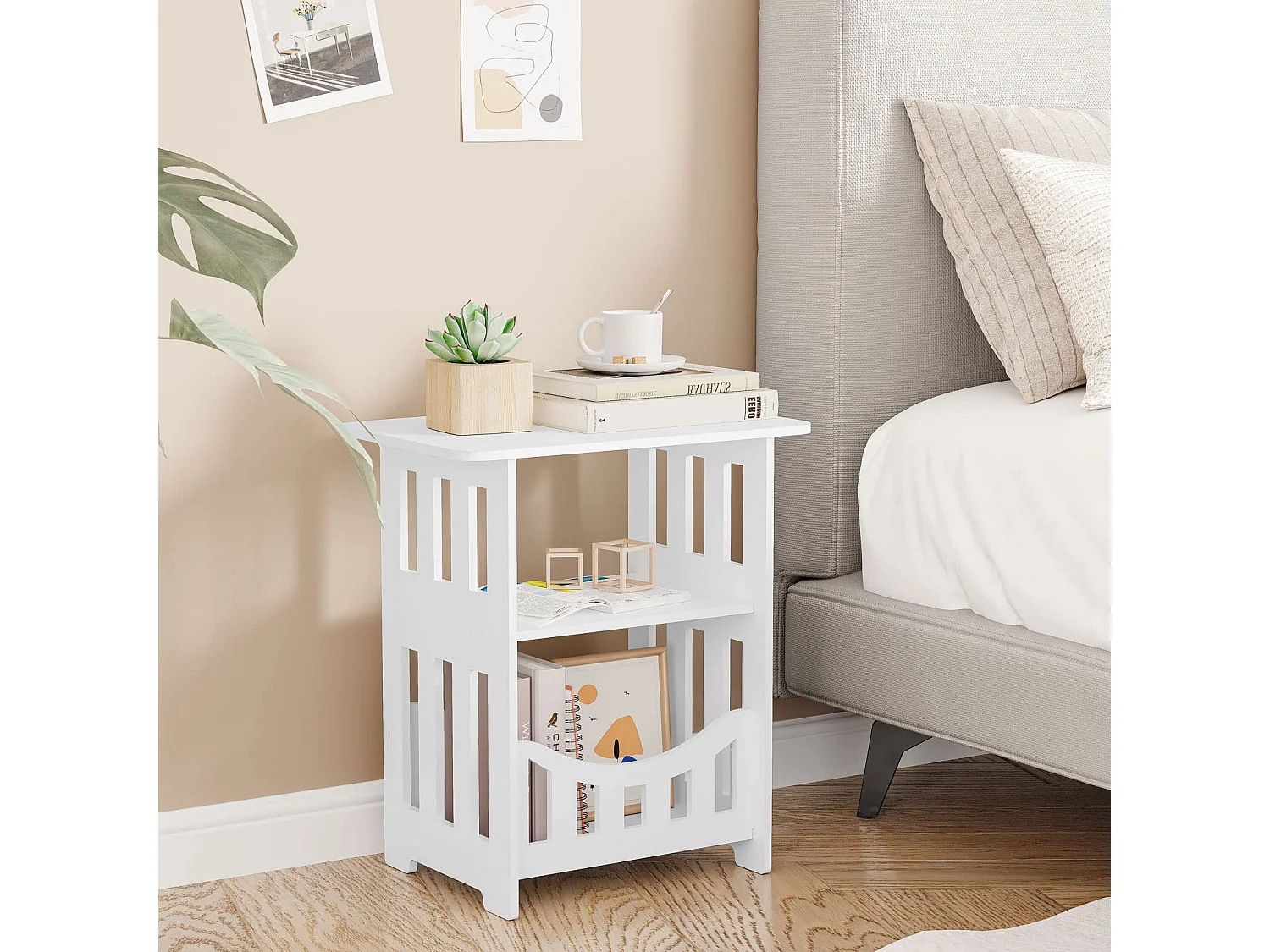 Table de chevet blanche 36x24x40 cm avec panier, idéale comme table de nuit, table à café ou bout de canapé pour salon, chambre, salle de bains ou balcon