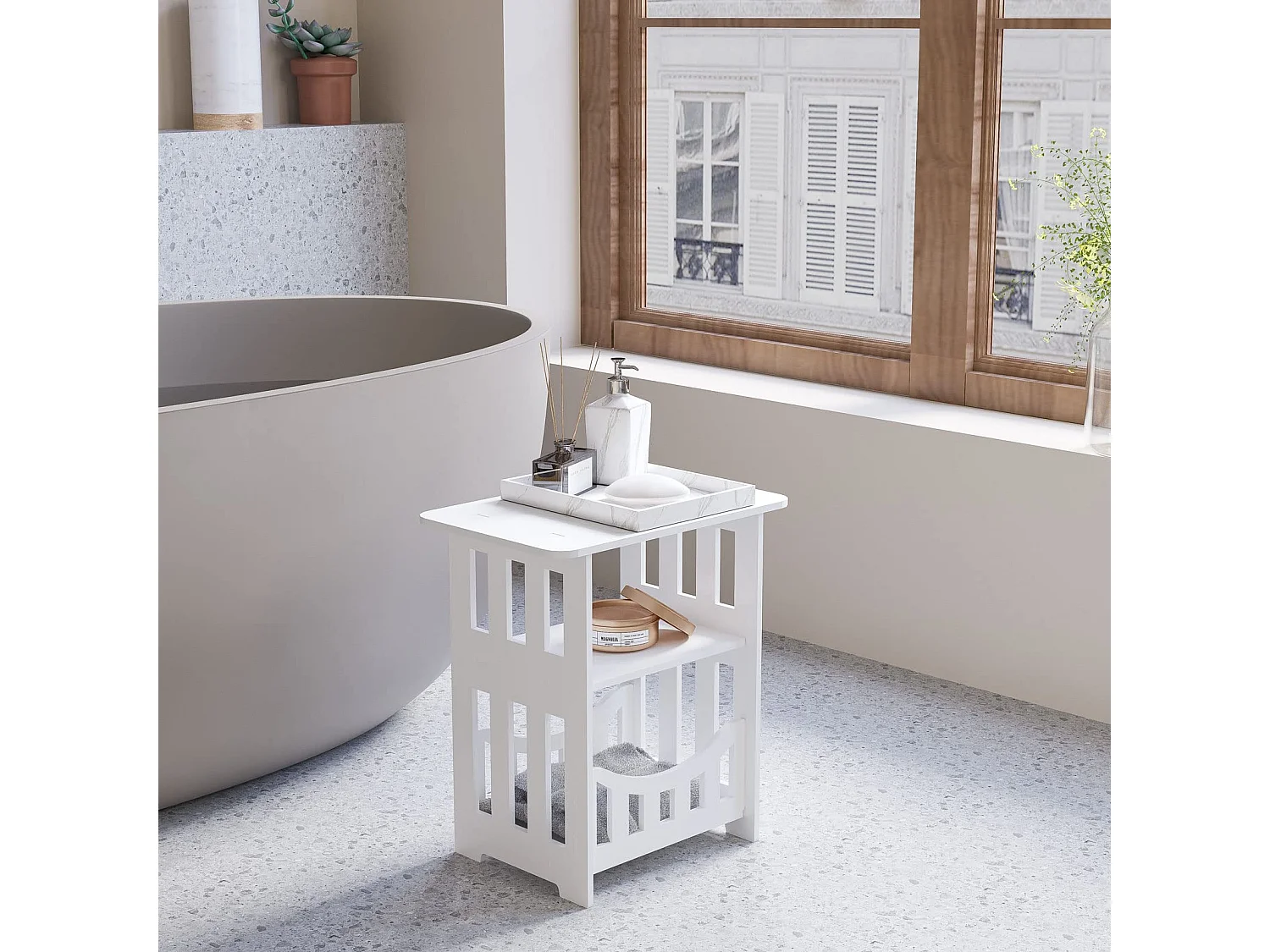 Table de chevet blanche 36x24x40 cm avec panier, idéale comme table de nuit, table à café ou bout de canapé pour salon, chambre, salle de bains ou balcon