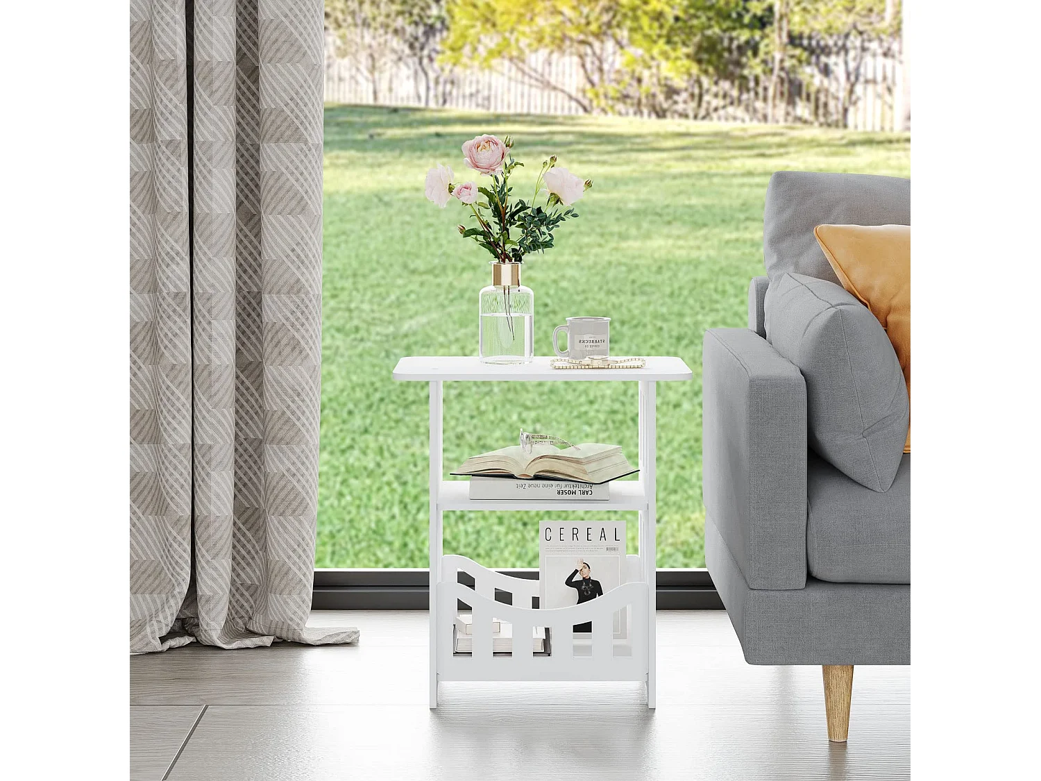 Table de chevet blanche 36x24x40 cm avec panier, idéale comme table de nuit, table à café ou bout de canapé pour salon, chambre, salle de bains ou balcon