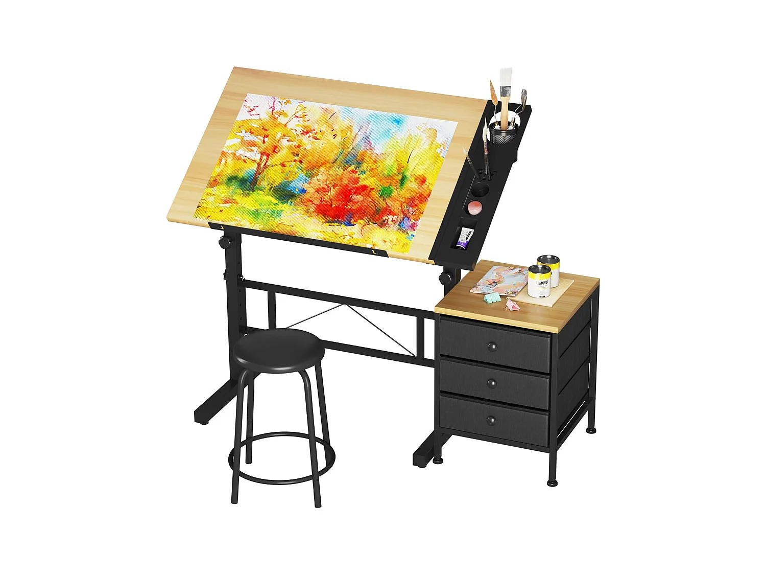 Tavolo da disegno inclinabile in legno 0°-60° con sgabello e armadietti, scrivania regolabile per disegnatore, architetto, pittore o ingegnere, stile moderno