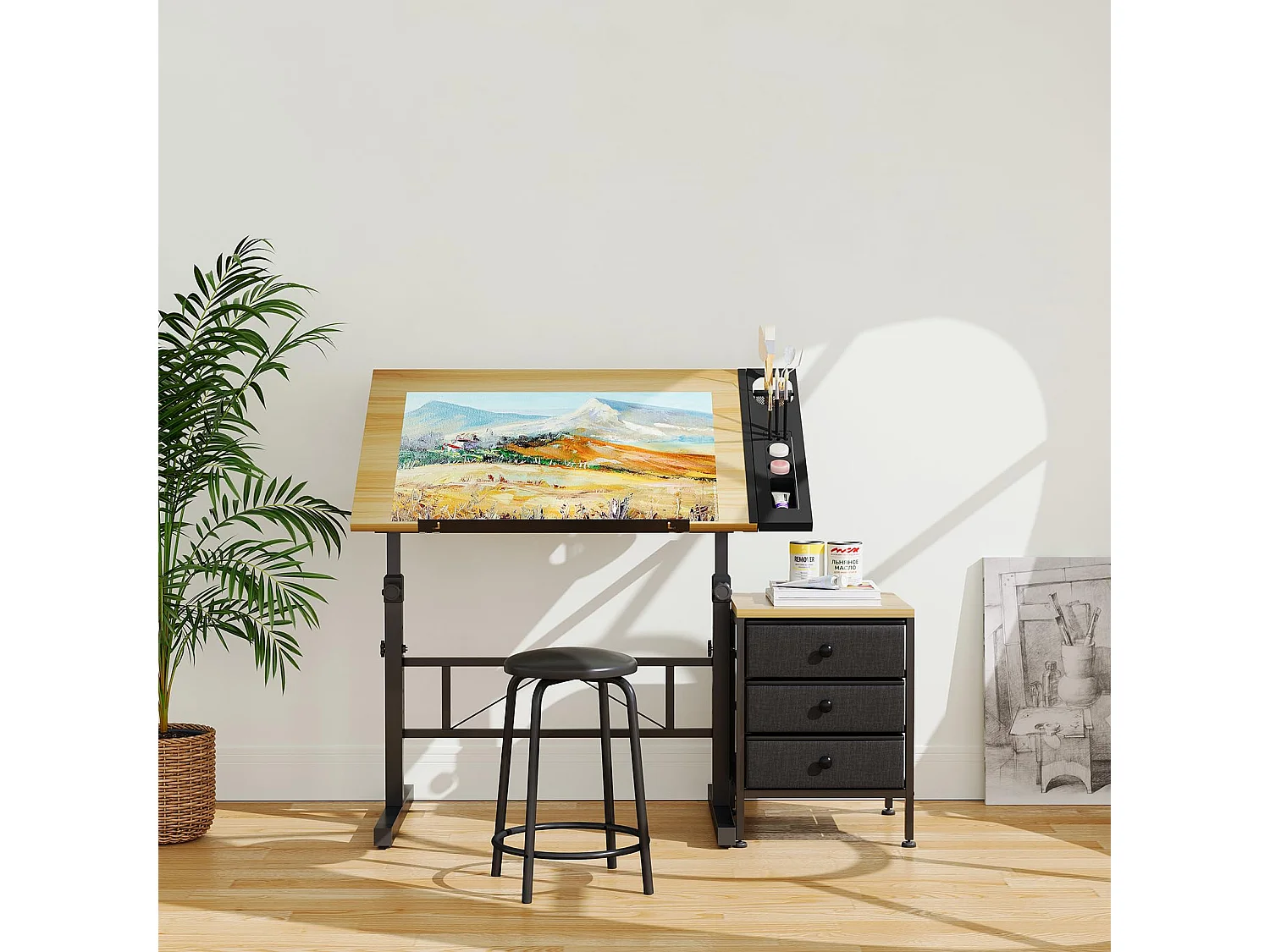 Tavolo da disegno inclinabile in legno 0°-60° con sgabello e armadietti, scrivania regolabile per disegnatore, architetto, pittore o ingegnere, stile moderno