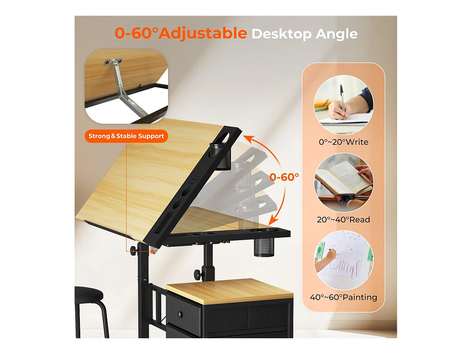 Tavolo da disegno inclinabile in legno 0°-60° con sgabello e armadietti, scrivania regolabile per disegnatore, architetto, pittore o ingegnere, stile moderno