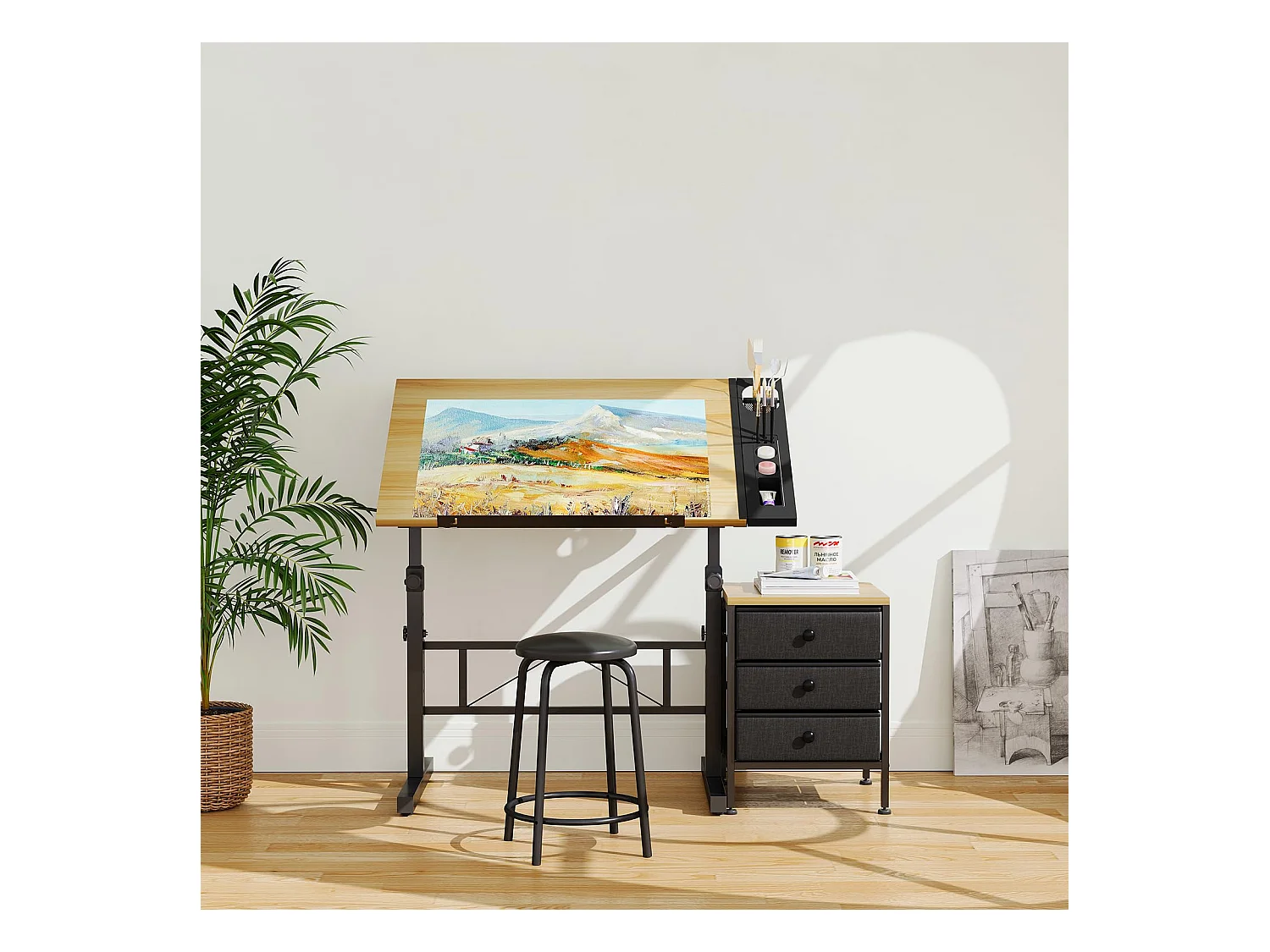 Houten kantelbare tekentafel 0°-60° met kruk en kluisjes, verstelbaar bureau voor tekenaar, architect, schilder of ingenieur, moderne stijl