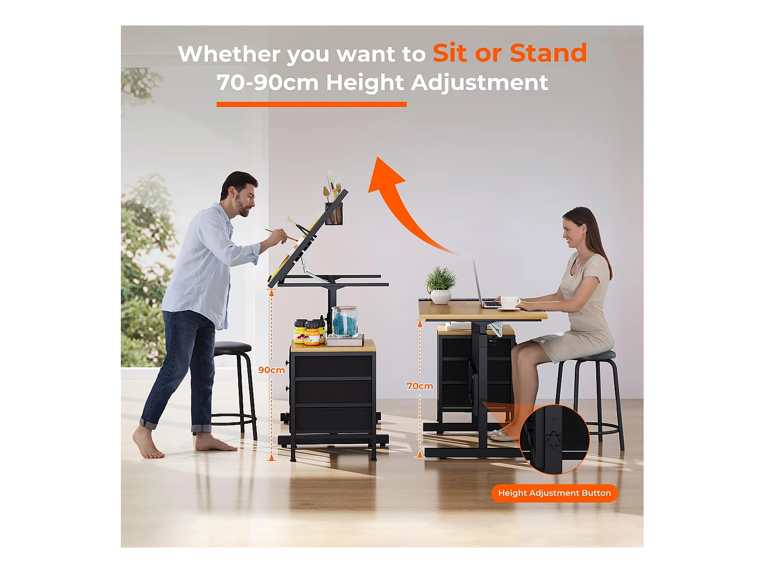 Houten kantelbare tekentafel 0°-60° met kruk en kluisjes, verstelbaar bureau voor tekenaar, architect, schilder of ingenieur, moderne stijl