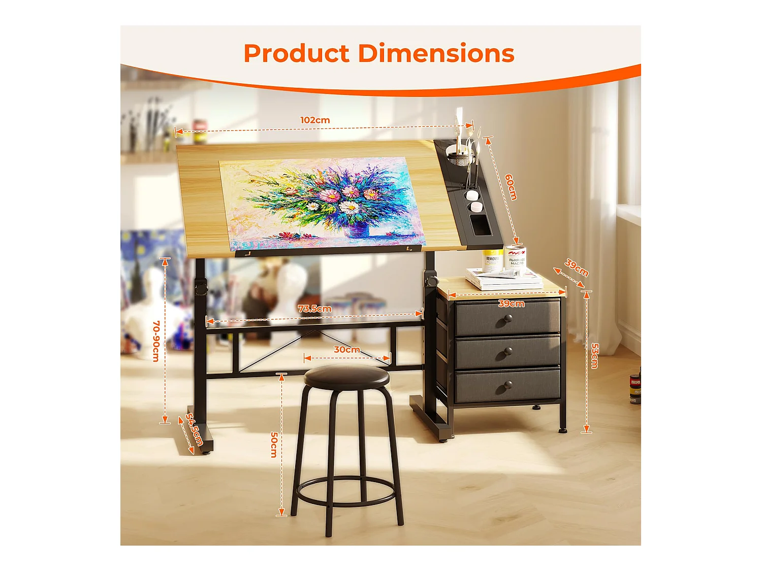 Houten kantelbare tekentafel 0°-60° met kruk en kluisjes, verstelbaar bureau voor tekenaar, architect, schilder of ingenieur, moderne stijl