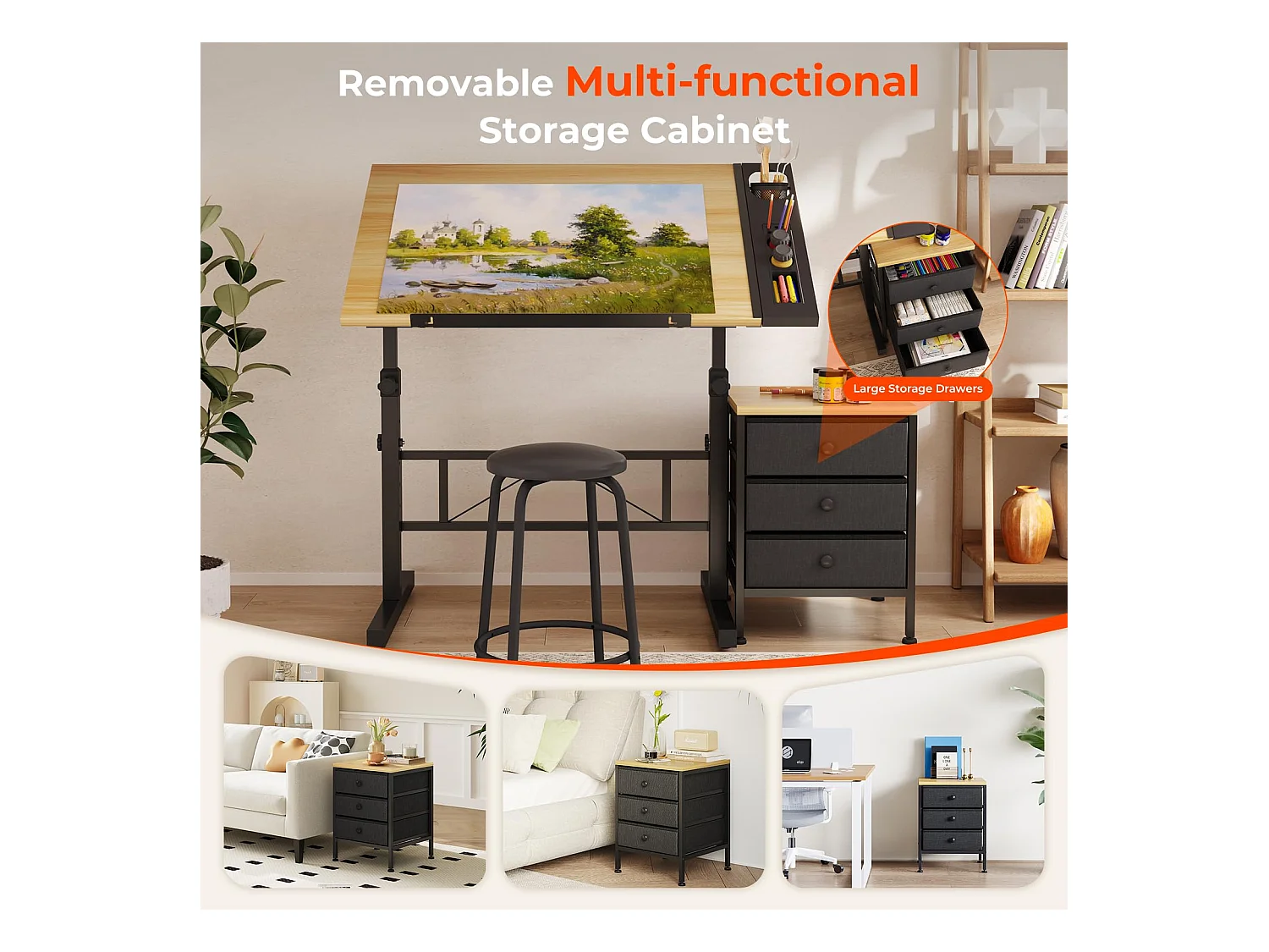 Houten kantelbare tekentafel 0°-60° met kruk en kluisjes, verstelbaar bureau voor tekenaar, architect, schilder of ingenieur, moderne stijl