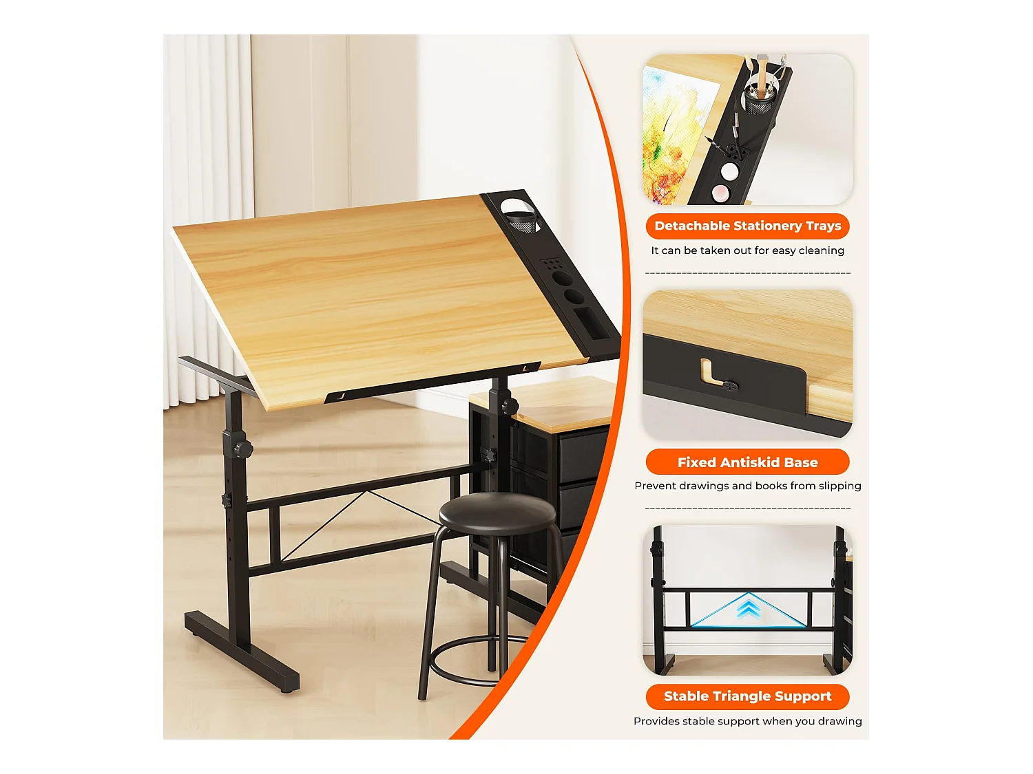 Houten kantelbare tekentafel 0°-60° met kruk en kluisjes, verstelbaar bureau voor tekenaar, architect, schilder of ingenieur, moderne stijl