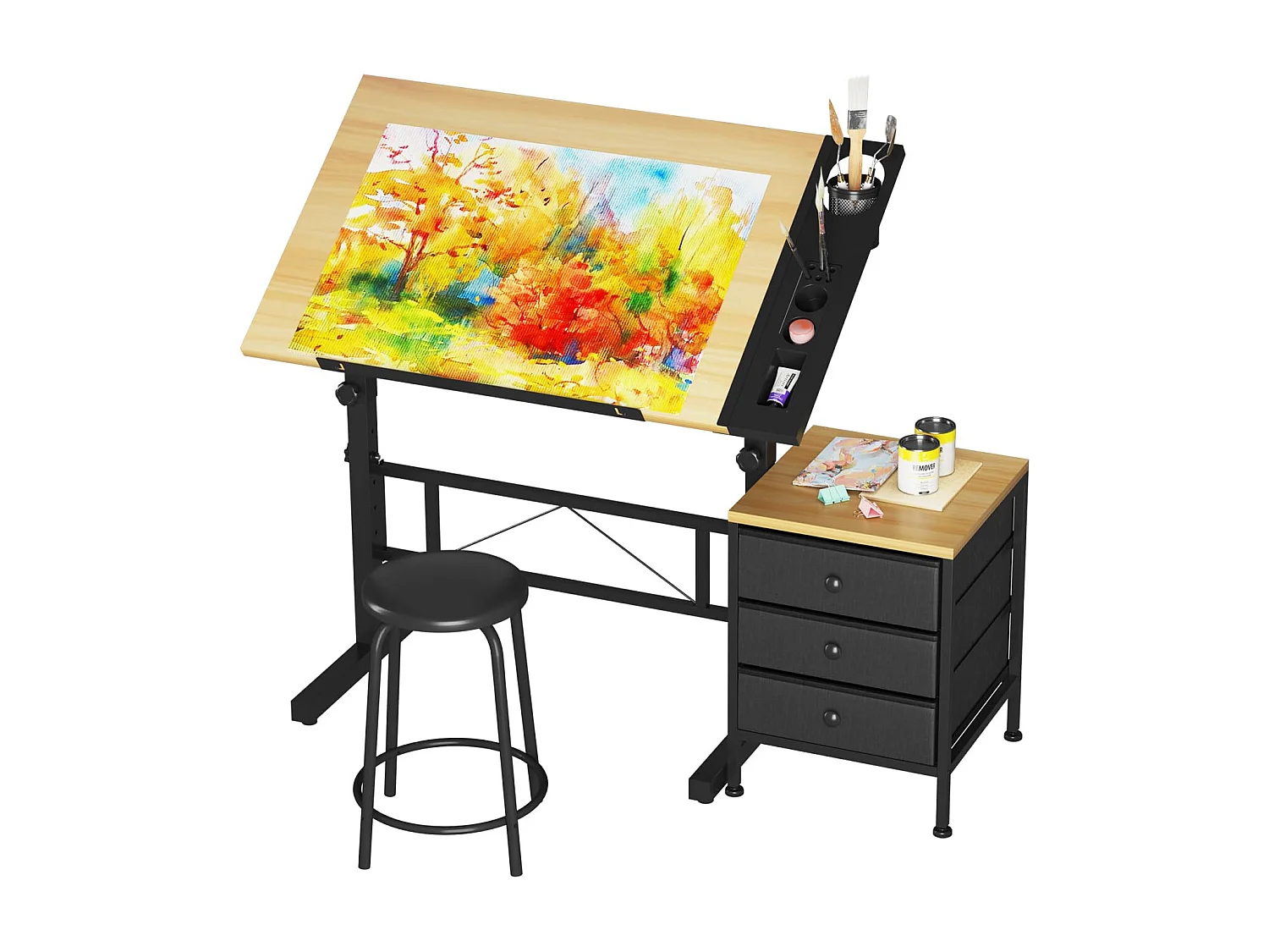 Tavolo da disegno inclinabile in legno 0°-60° con sgabello e armadietti, scrivania regolabile per disegnatore, architetto, pittore o ingegnere, stile moderno