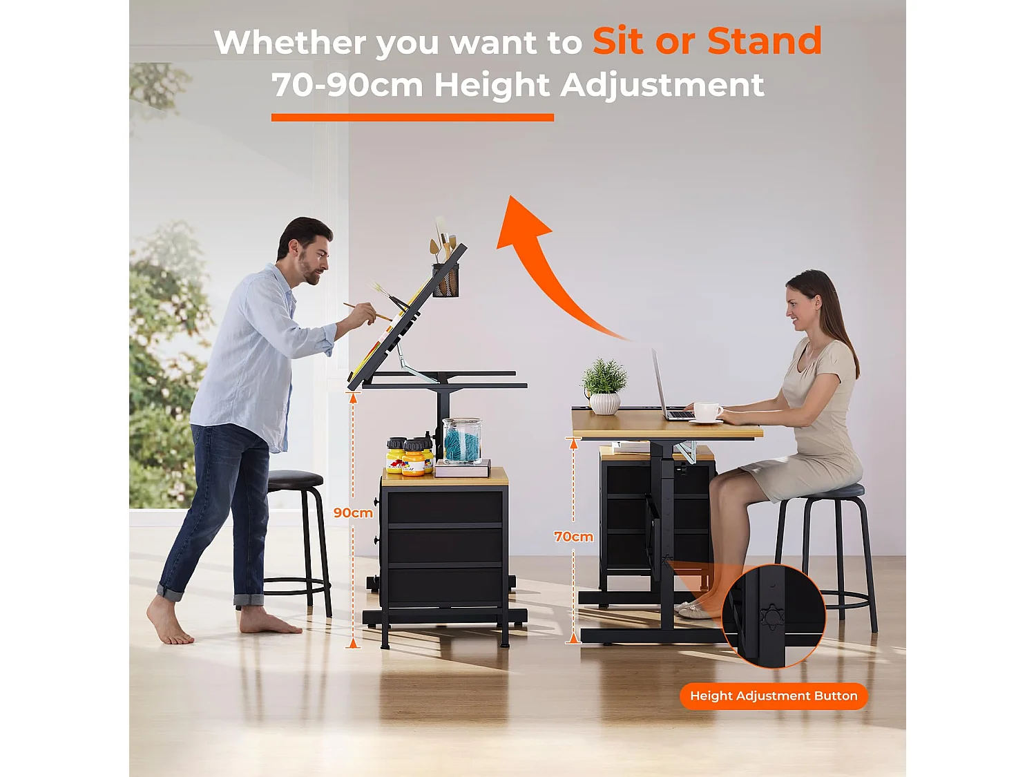 Tavolo da disegno inclinabile in legno 0°-60° con sgabello e armadietti, scrivania regolabile per disegnatore, architetto, pittore o ingegnere, stile moderno