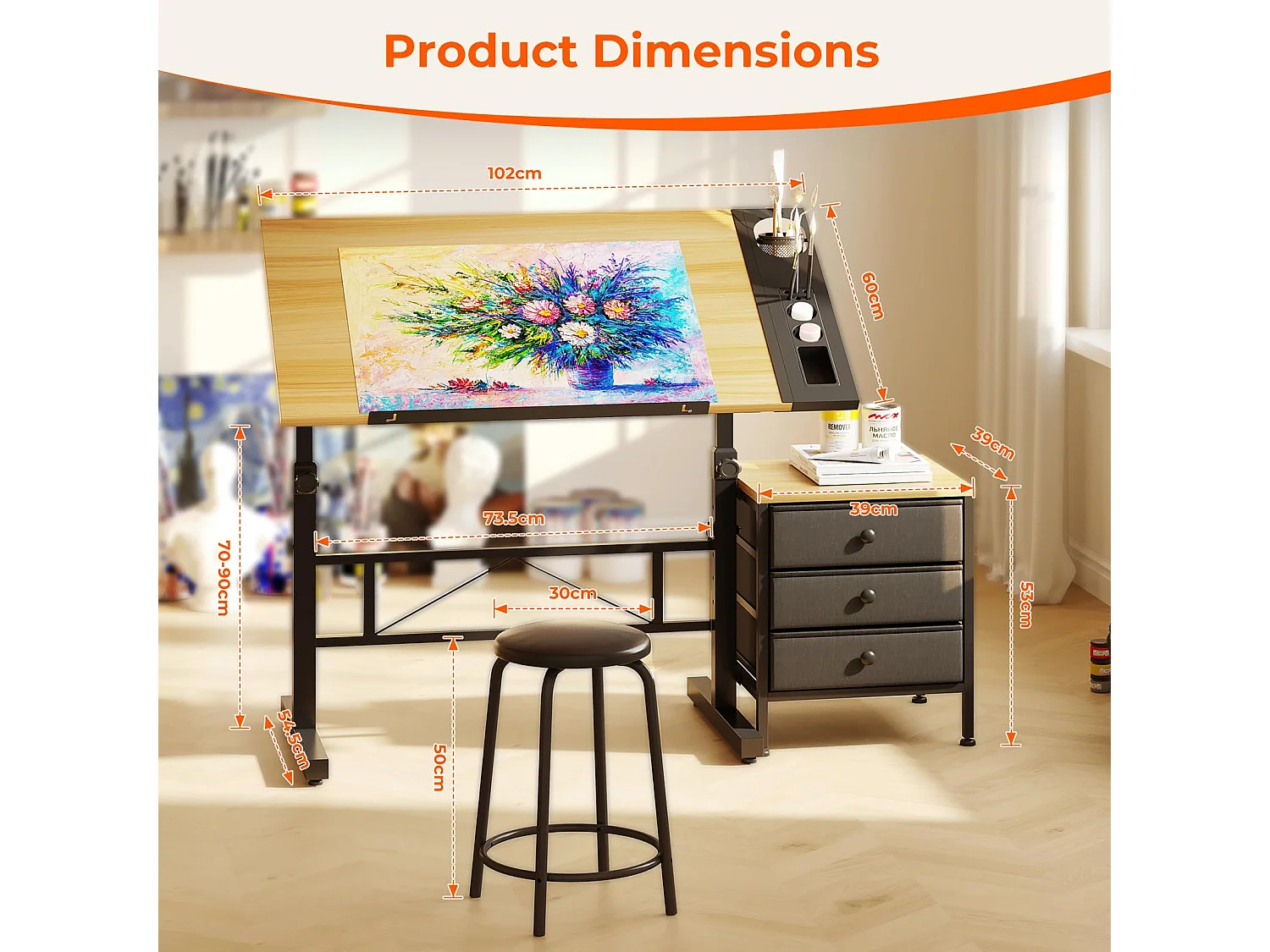 Tavolo da disegno inclinabile in legno 0°-60° con sgabello e armadietti, scrivania regolabile per disegnatore, architetto, pittore o ingegnere, stile moderno