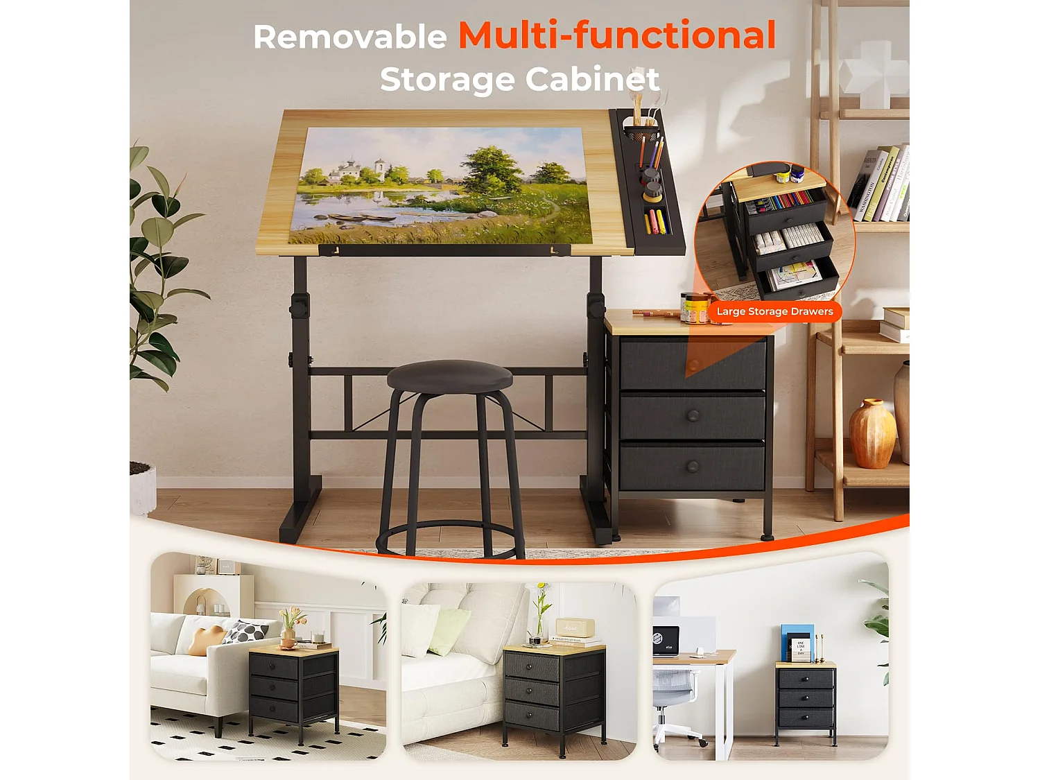 Tavolo da disegno inclinabile in legno 0°-60° con sgabello e armadietti, scrivania regolabile per disegnatore, architetto, pittore o ingegnere, stile moderno