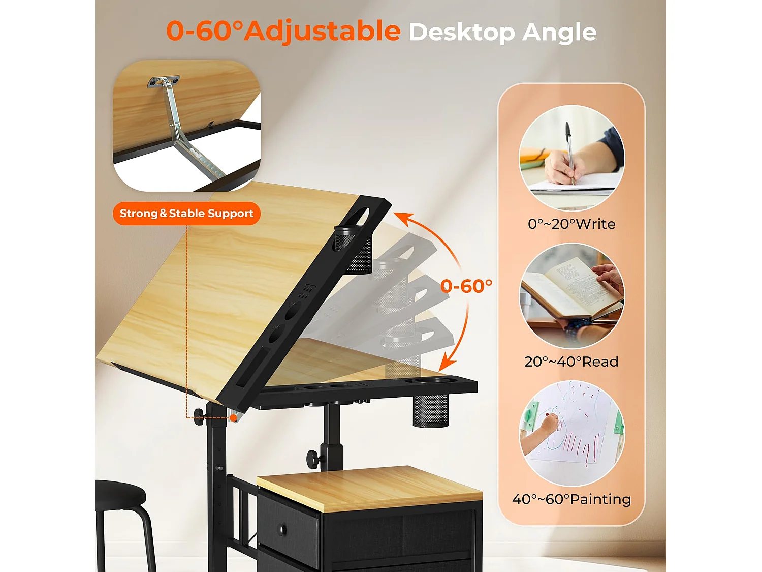 Tavolo da disegno inclinabile in legno 0°-60° con sgabello e armadietti, scrivania regolabile per disegnatore, architetto, pittore o ingegnere, stile moderno