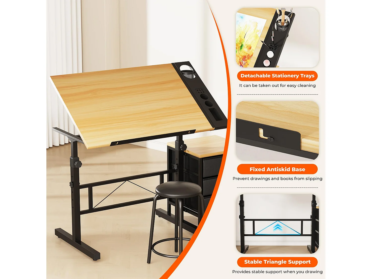 Tavolo da disegno inclinabile in legno 0°-60° con sgabello e armadietti, scrivania regolabile per disegnatore, architetto, pittore o ingegnere, stile moderno