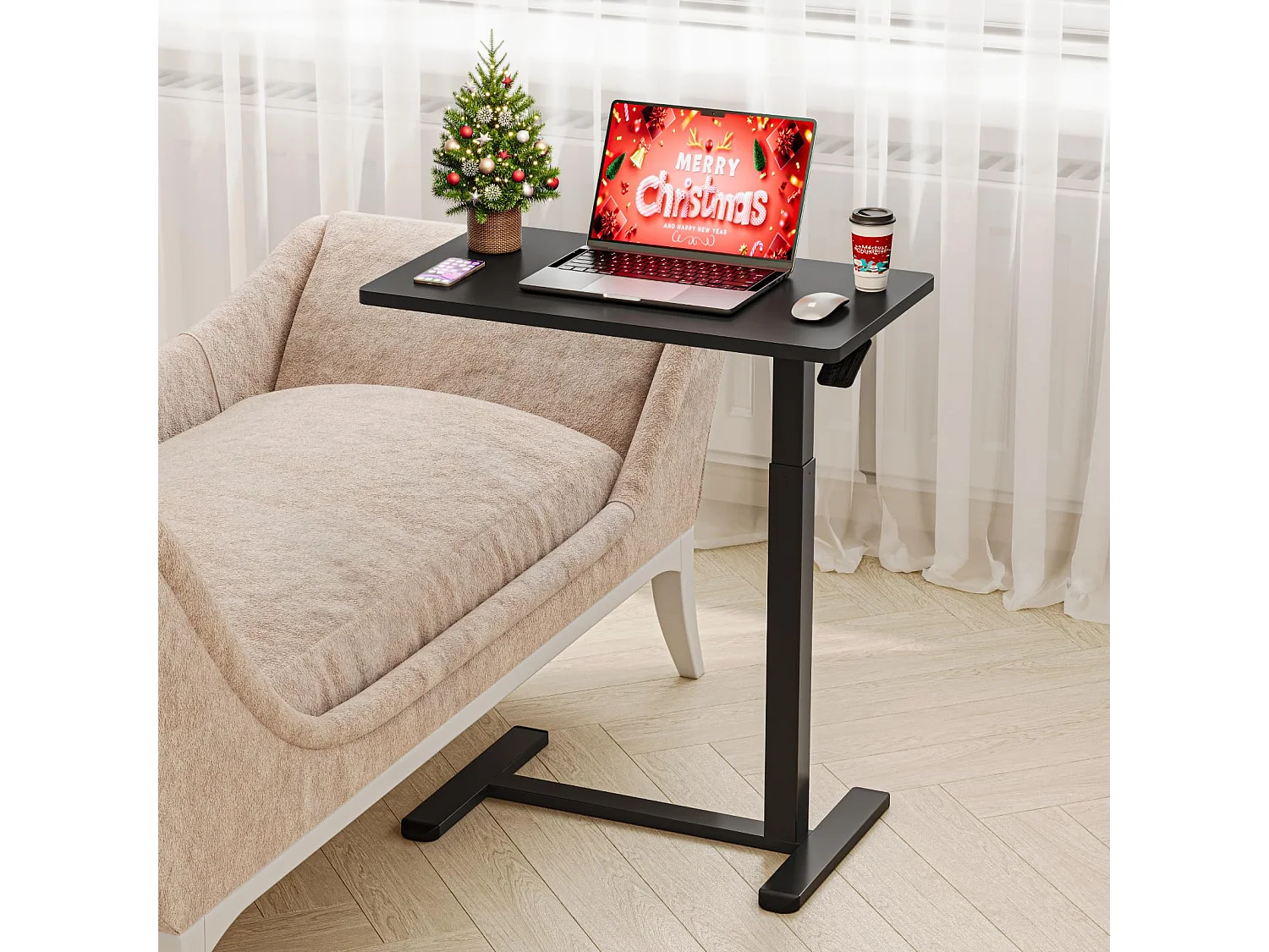 In hoogte verstelbare bijzettafel met wielen, perfect als behandeltafel, mobiel bureau, nachtkastje of salontafel voor de woonkamer zwart