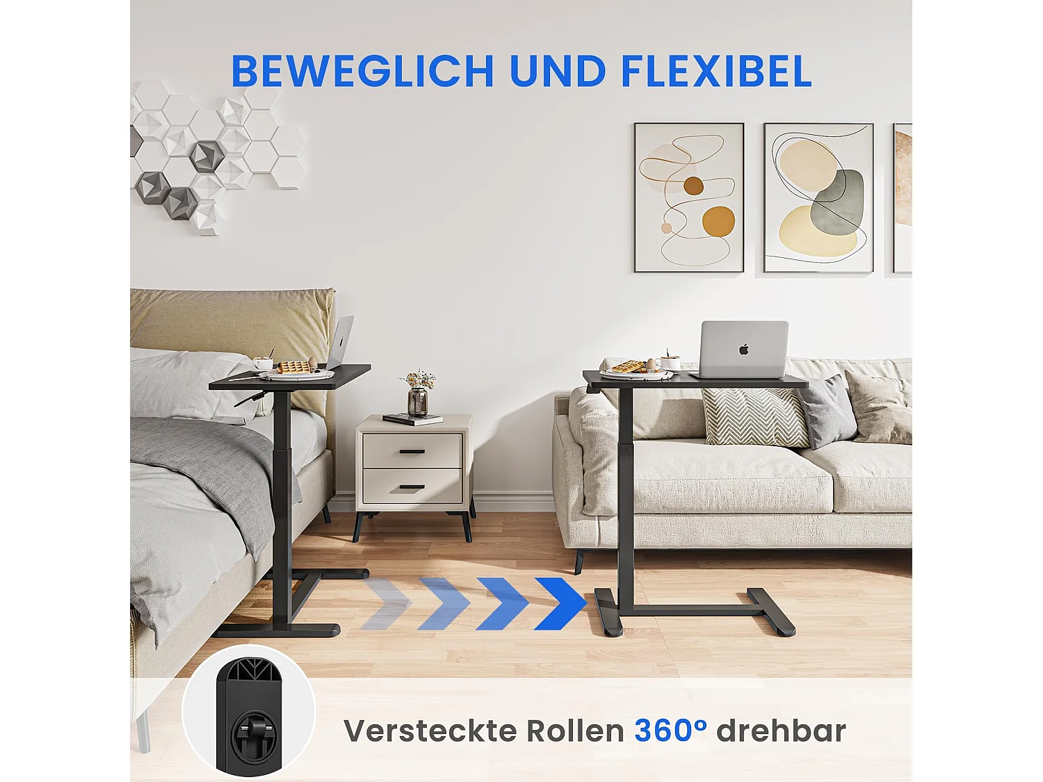 In hoogte verstelbare bijzettafel met wielen, perfect als behandeltafel, mobiel bureau, nachtkastje of salontafel voor de woonkamer zwart