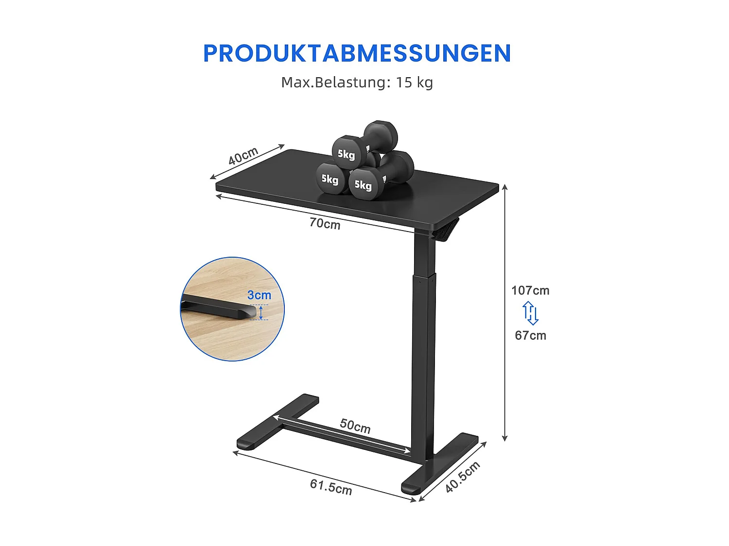In hoogte verstelbare bijzettafel met wielen, perfect als behandeltafel, mobiel bureau, nachtkastje of salontafel voor de woonkamer zwart