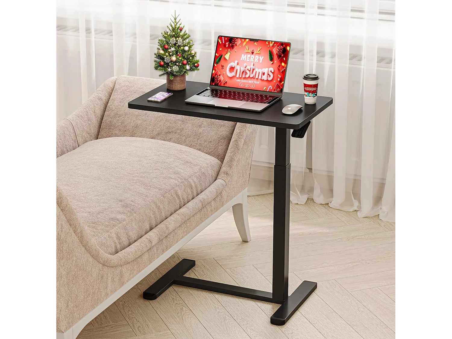 In hoogte verstelbare bijzettafel met wielen, perfect als behandeltafel, mobiel bureau, nachtkastje of salontafel voor de woonkamer zwart