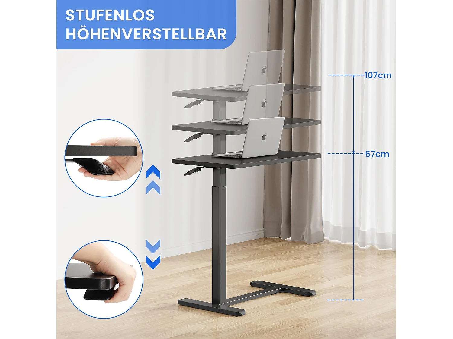 In hoogte verstelbare bijzettafel met wielen, perfect als behandeltafel, mobiel bureau, nachtkastje of salontafel voor de woonkamer zwart